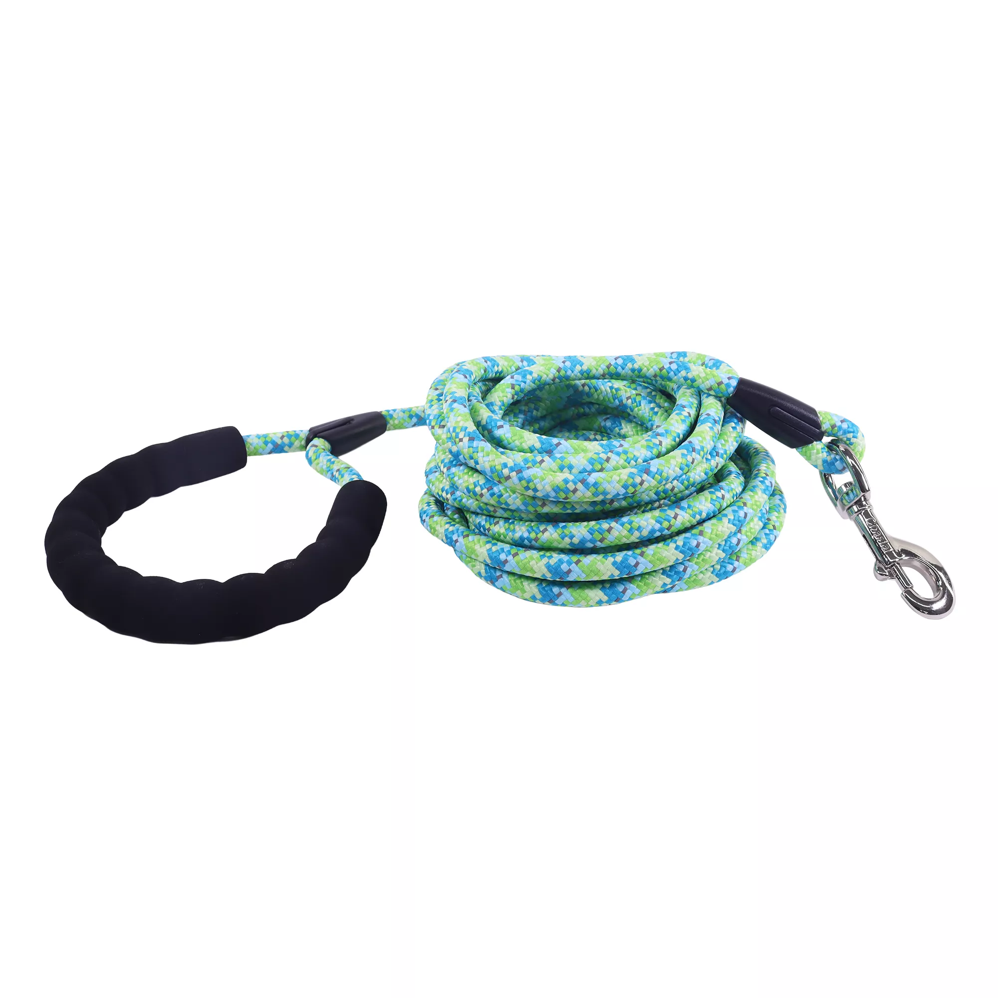 A rope training leash displayed coiled on a white background. The leash is made of braided rope in shades of teal, light blue, and yellow, forming a spiral pattern along the length. One end features a black padded loop handle with a soft fabric covering. The opposite end includes a silver‑tone metal snap clip with a rounded swivel base. The rope appears thick and tightly braided with a slightly textured surface.