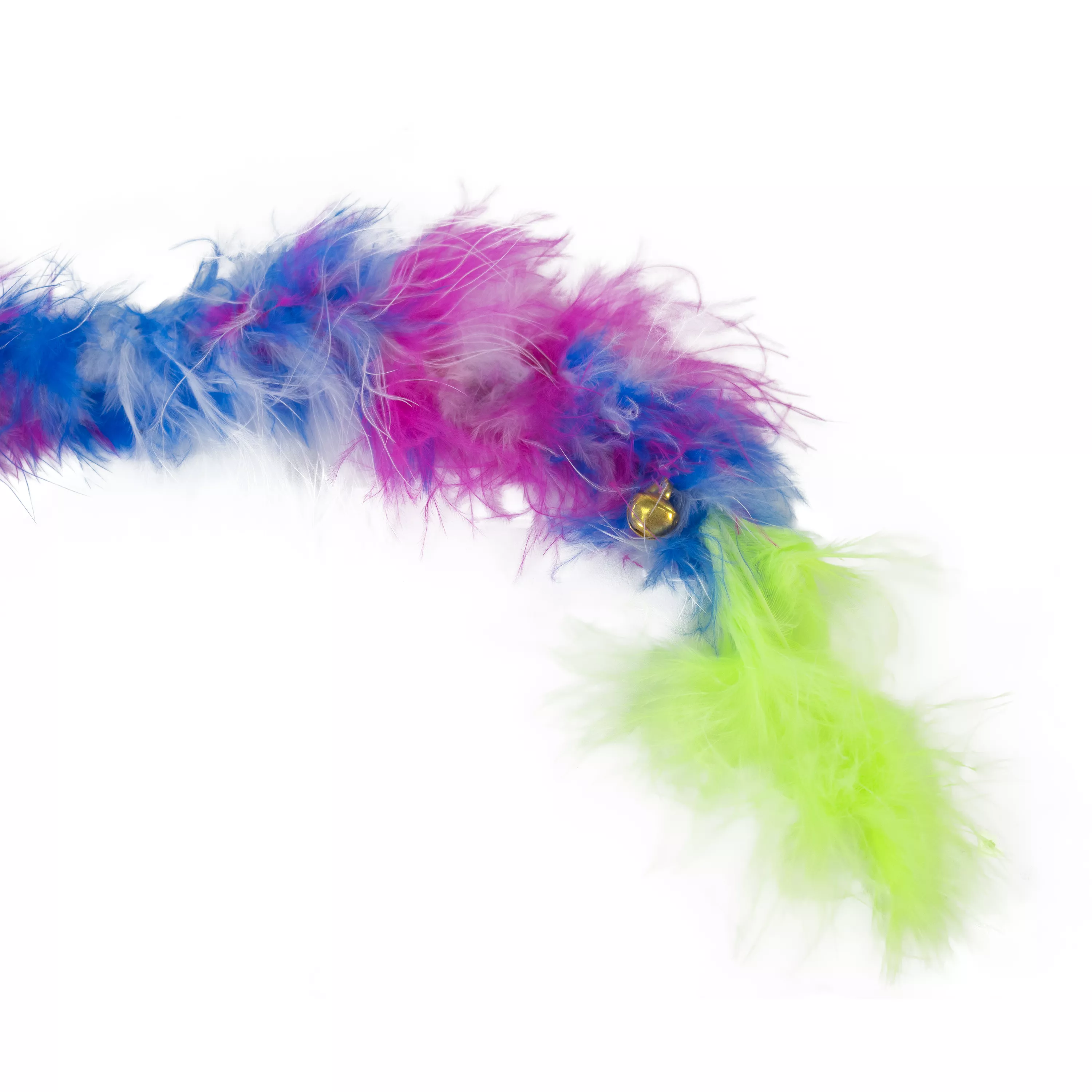 Detailed view of fluffy pink, blue, and green feathers used on a cat toy.