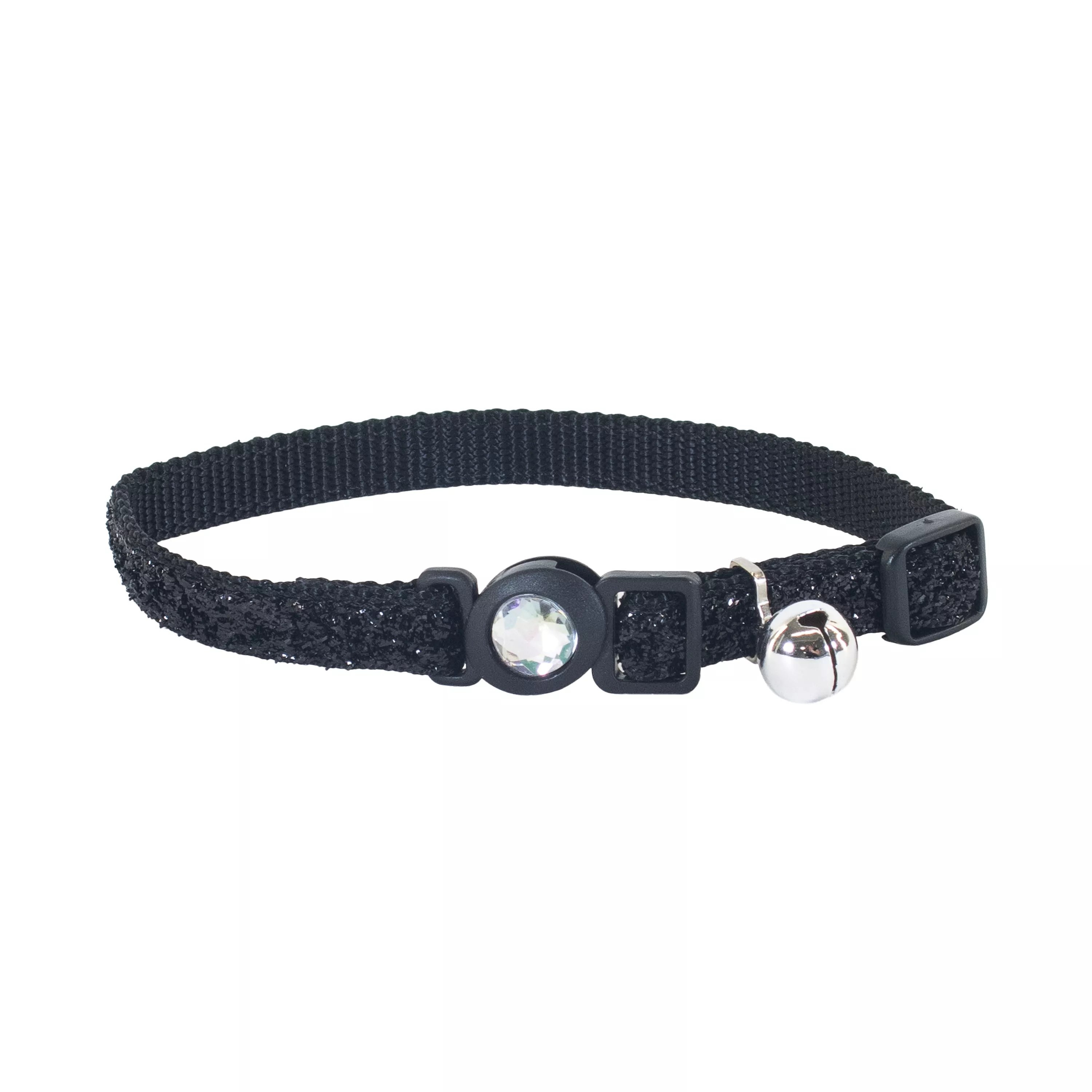 A product image of a jeweled buckle adjustable breakaway cat collar with a black glitter overlay. The strap is black and sparkly. The buckle features a round clear gemstone set in a silver frame. A coordinating silver metal bell hangs from a metal ring. The collar is displayed in a circular shape on a white background.