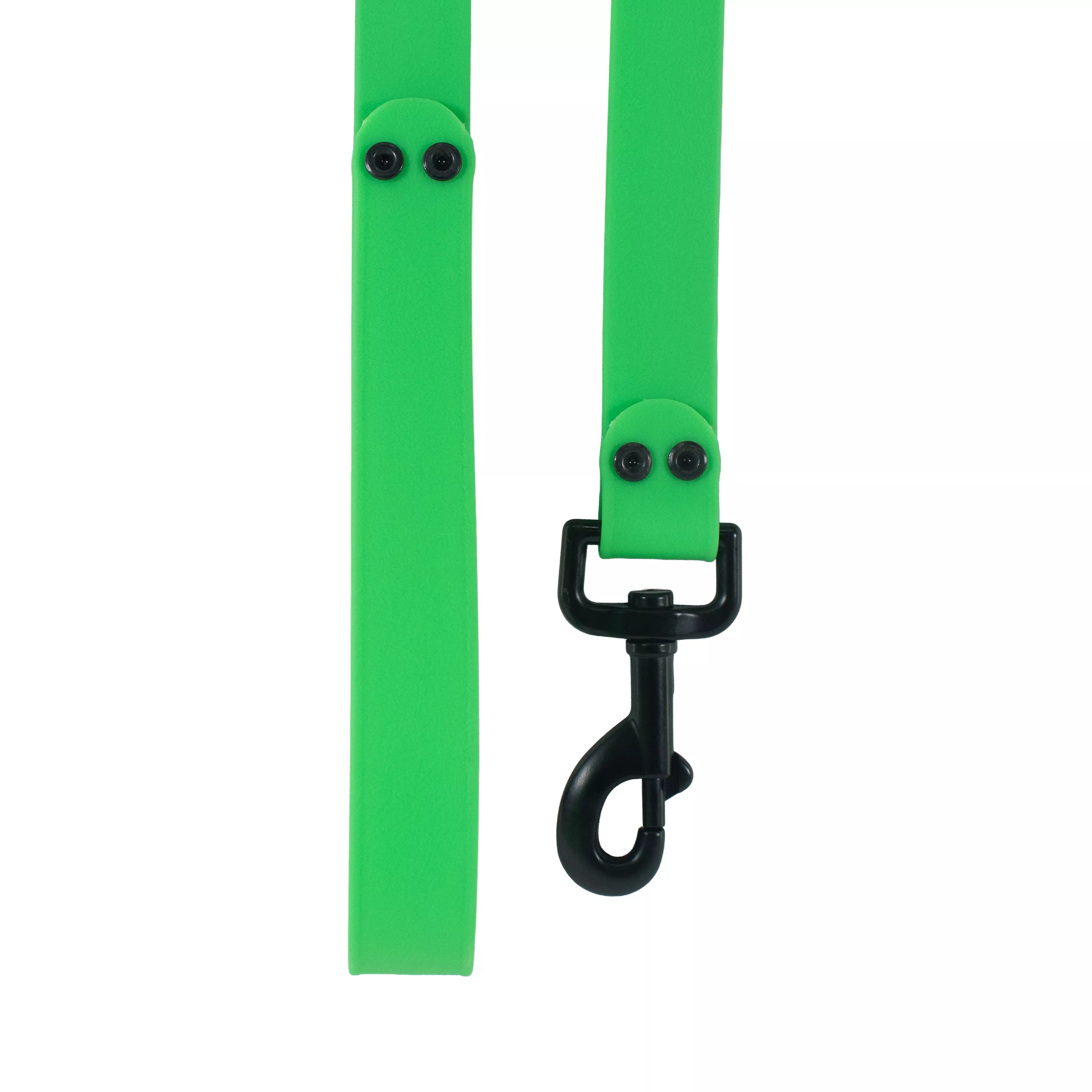 Close‑up of a green BioThane waterproof leash showing the black metal swivel snap and two black metal rivets securing the hardware.