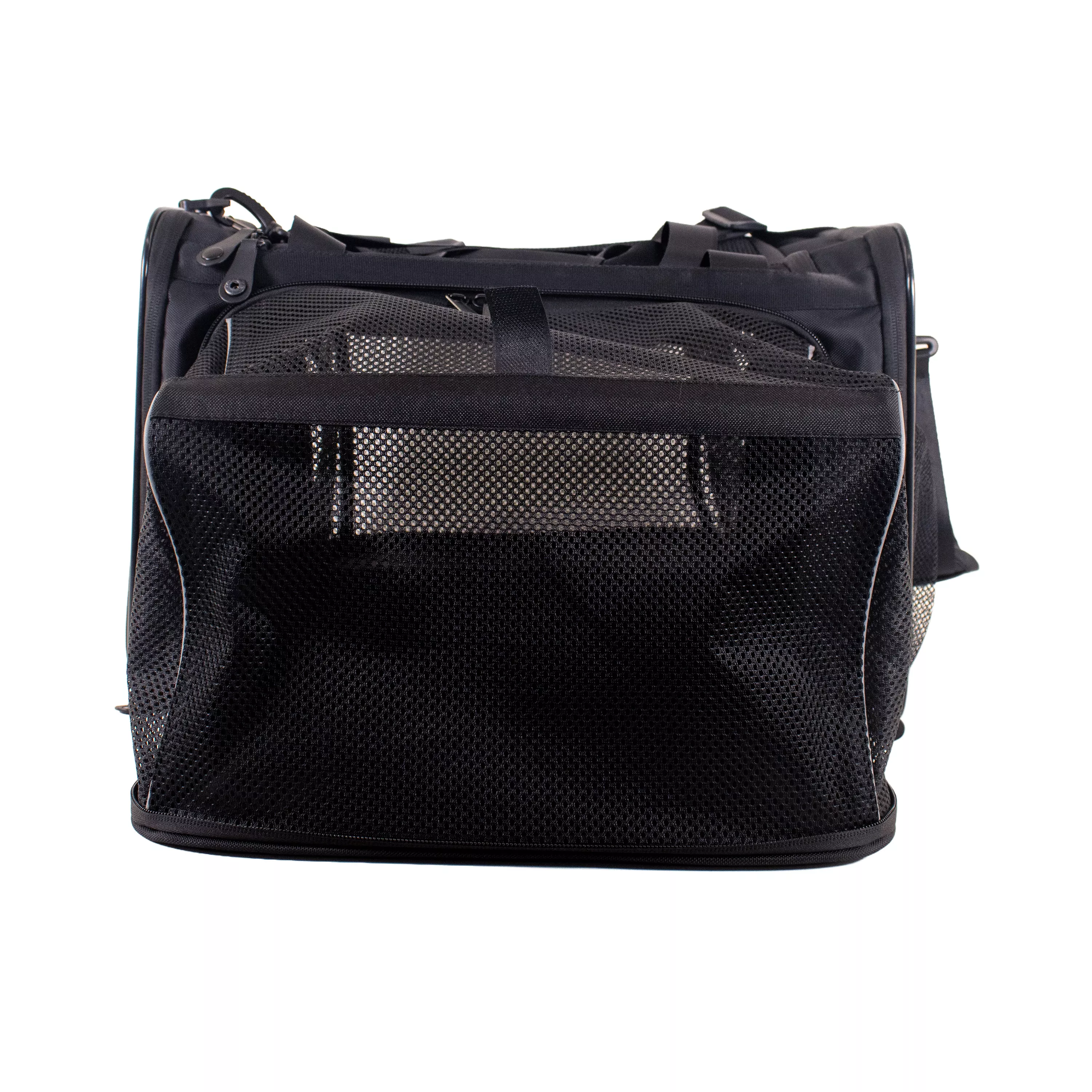 Front view of the expandable tote carrier with the mesh front door zipped closed.
