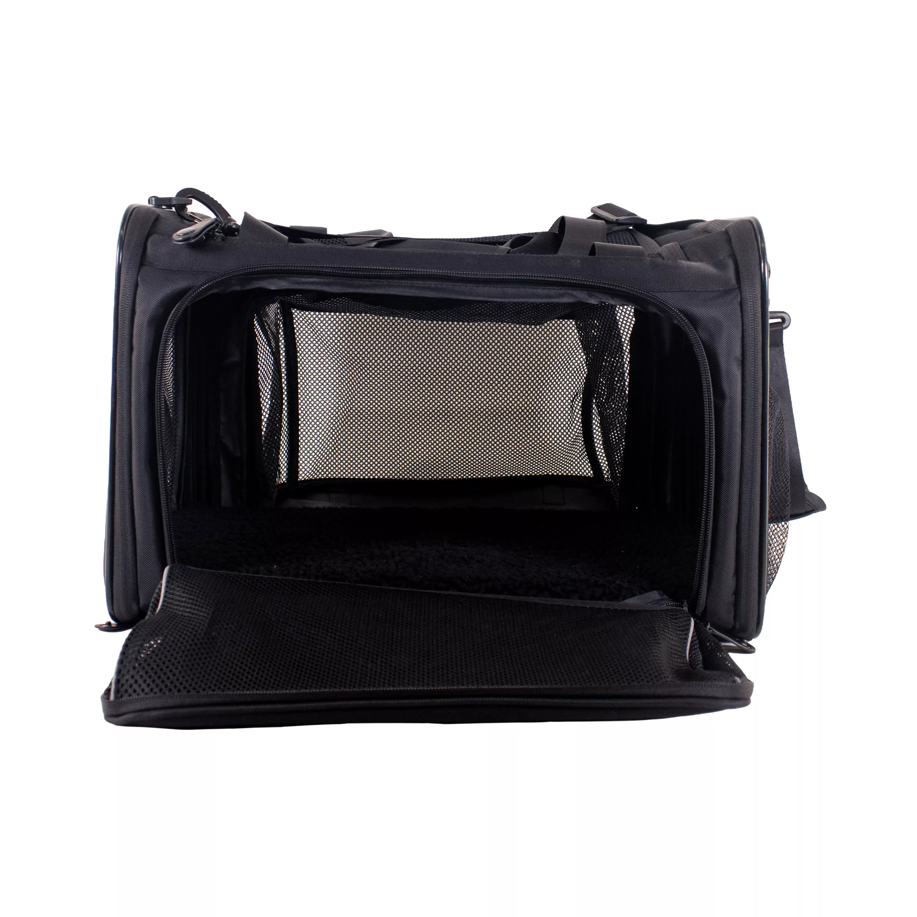 Front view of the expandable tote carrier with the mesh front door unzipped and folded open, showing the interior.