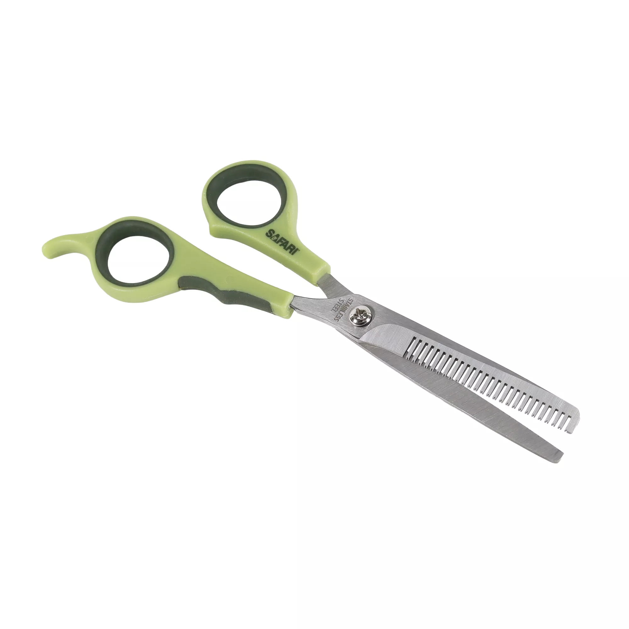 A pair of thinning shears is displayed against a white background. The shears have pale green handles with darker green rubber grip inserts. One blade is smooth and straight, while the other features evenly spaced cutting teeth along its length. The metal blades are silver‑tone with a smooth finish, joined by a central pivot screw.