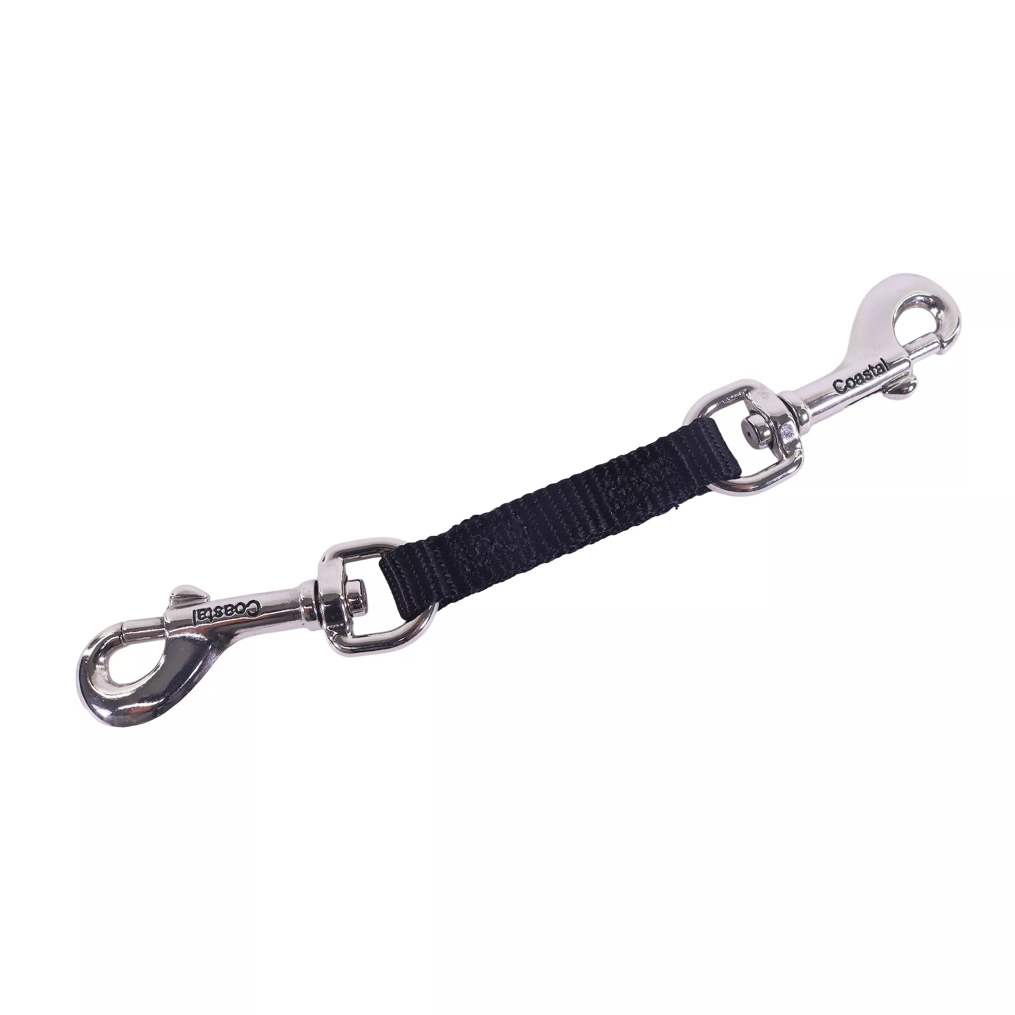 Safety back‑up connector with a black nylon strap and metal snap hooks on each end displayed on a white background.