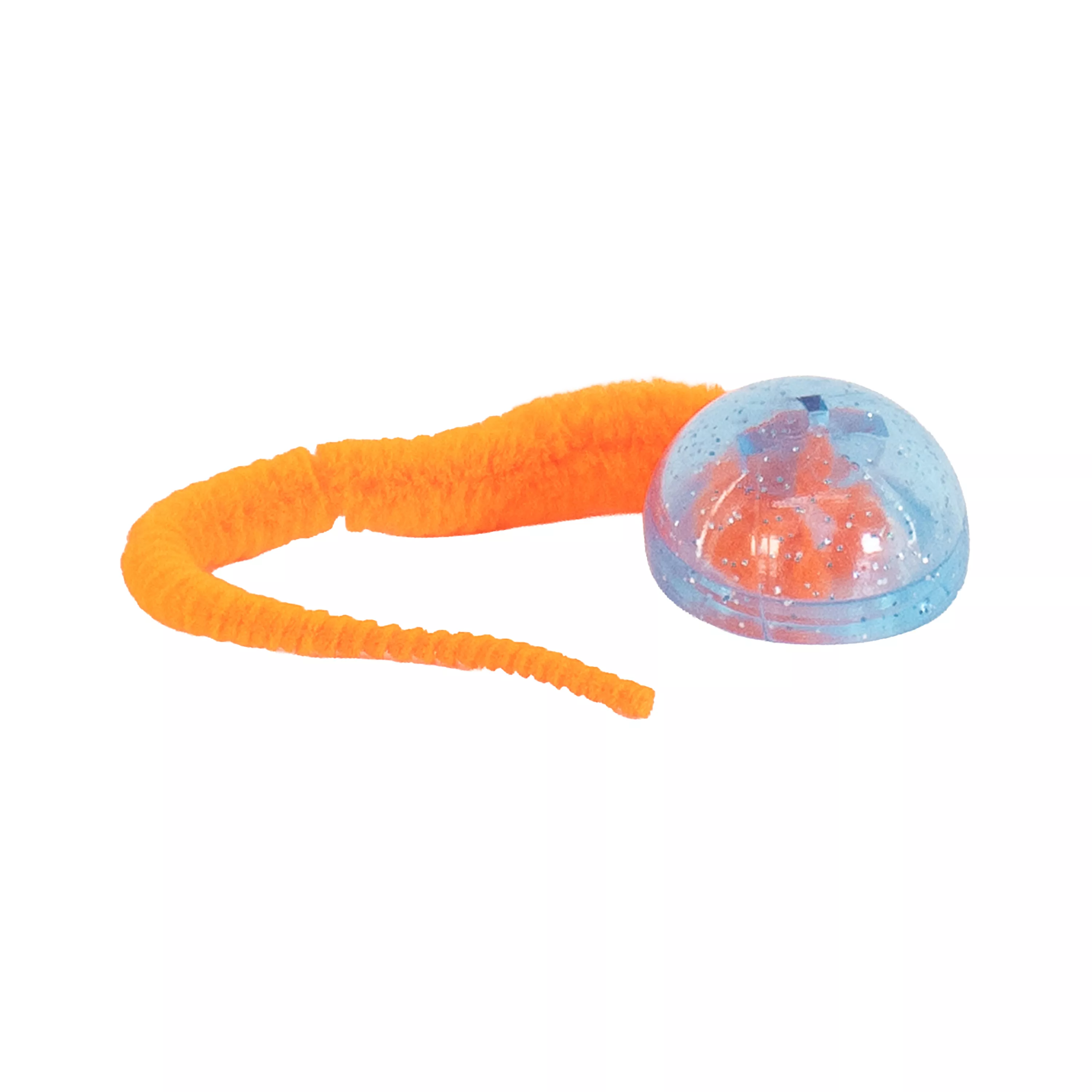 A popper‑style cat toy is shown against a plain white background. The toy consists of a blue translucent suction‑cup-like base with silver sparkles  visible inside the plastic. Attached to the center is a tall orange plush tail with a fuzzy texture that curves upward. The tail is anchored into the suction base at the center.