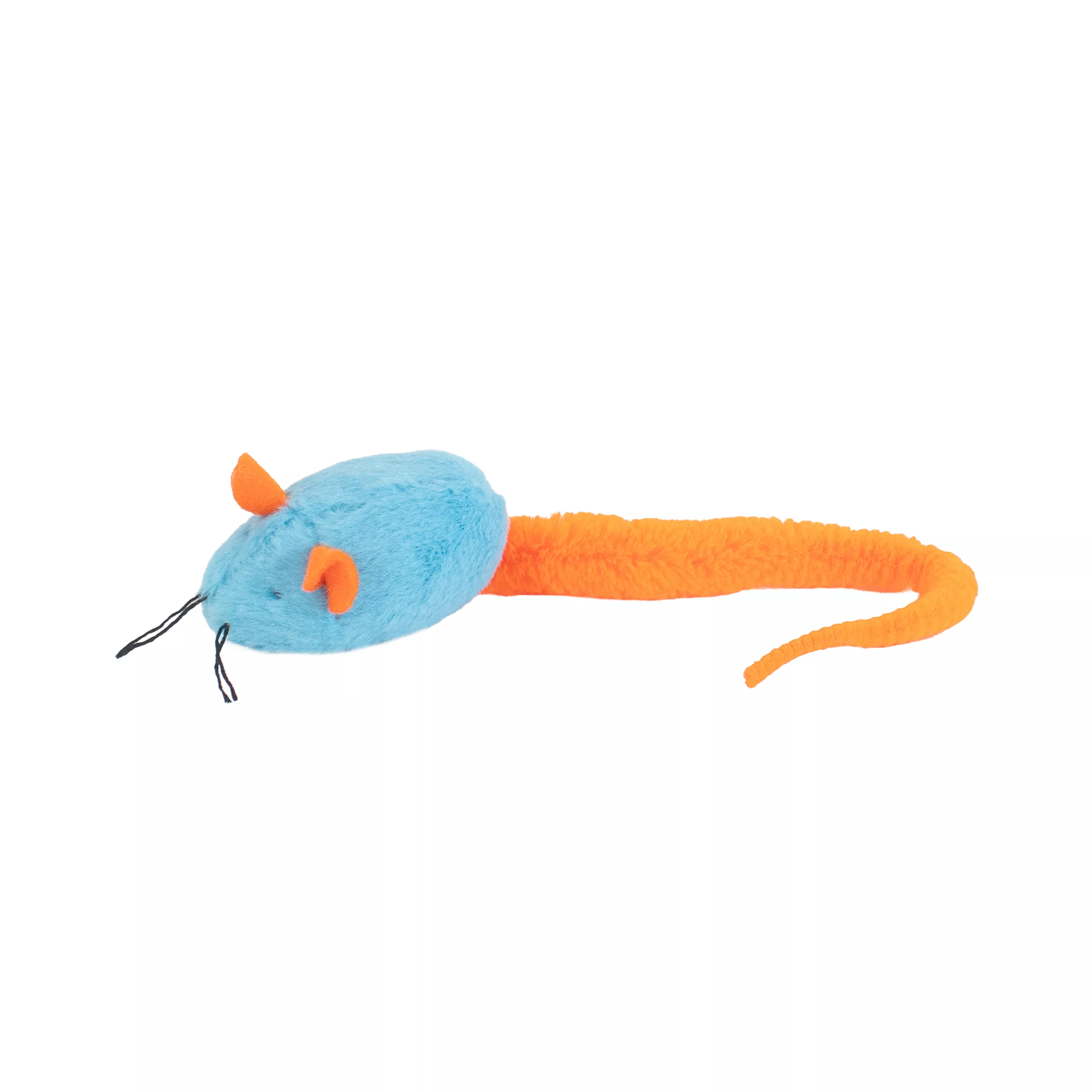A mouse‑shaped cat toy is shown against a plain white background. The toy has a bright blue plush fabric body with triangular orange ears and a small pointed nose. Thin black cords extend from the front as whiskers. A long orange fuzzy tail extends from the back.