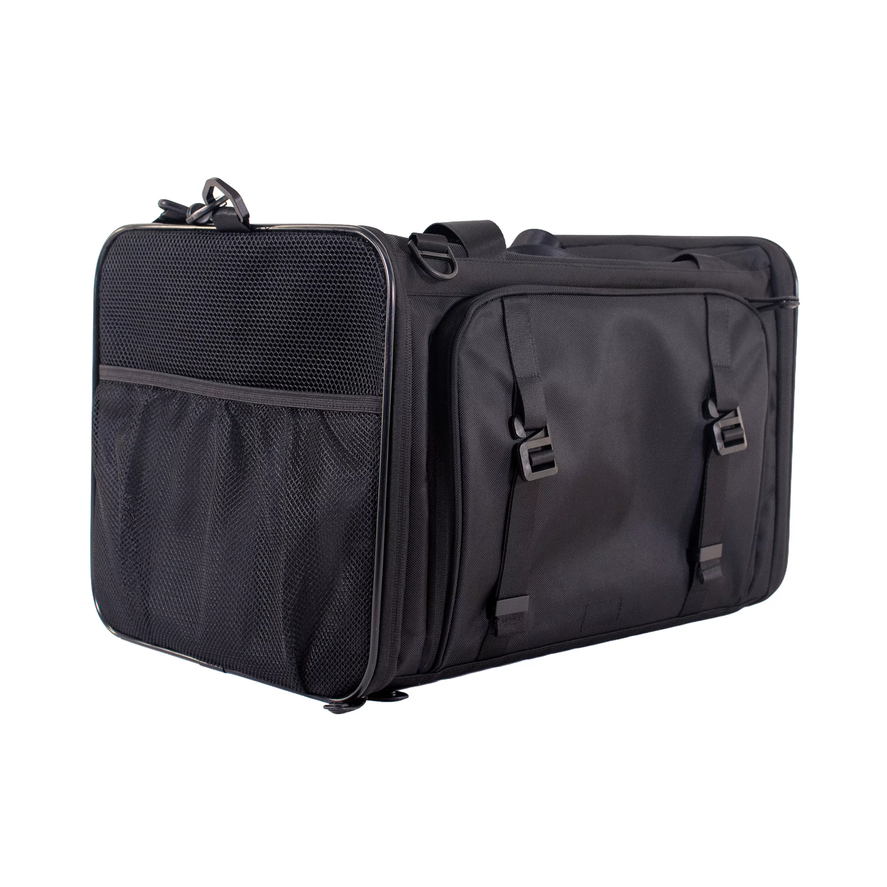 Angled view of the tote showing exterior storage pockets and zipper pulls on the side.