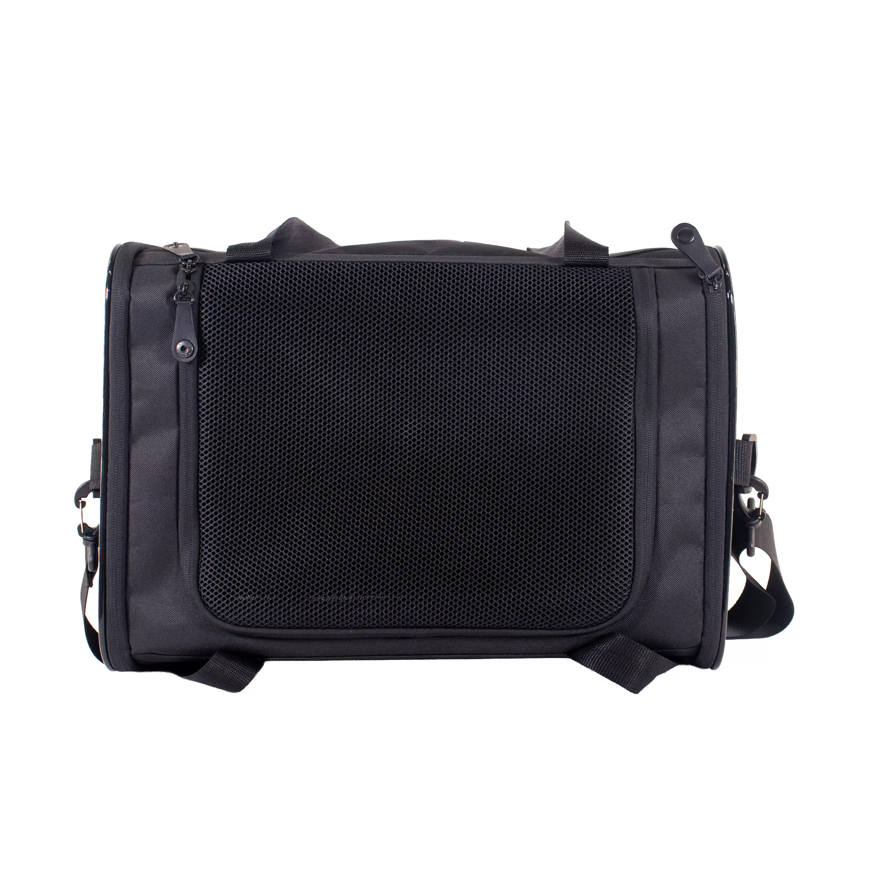 Top view of a black pet carrier with a large mesh ventilation panel on the lid and zippered access along the edge, with shoulder strap hardware visible on the sides.