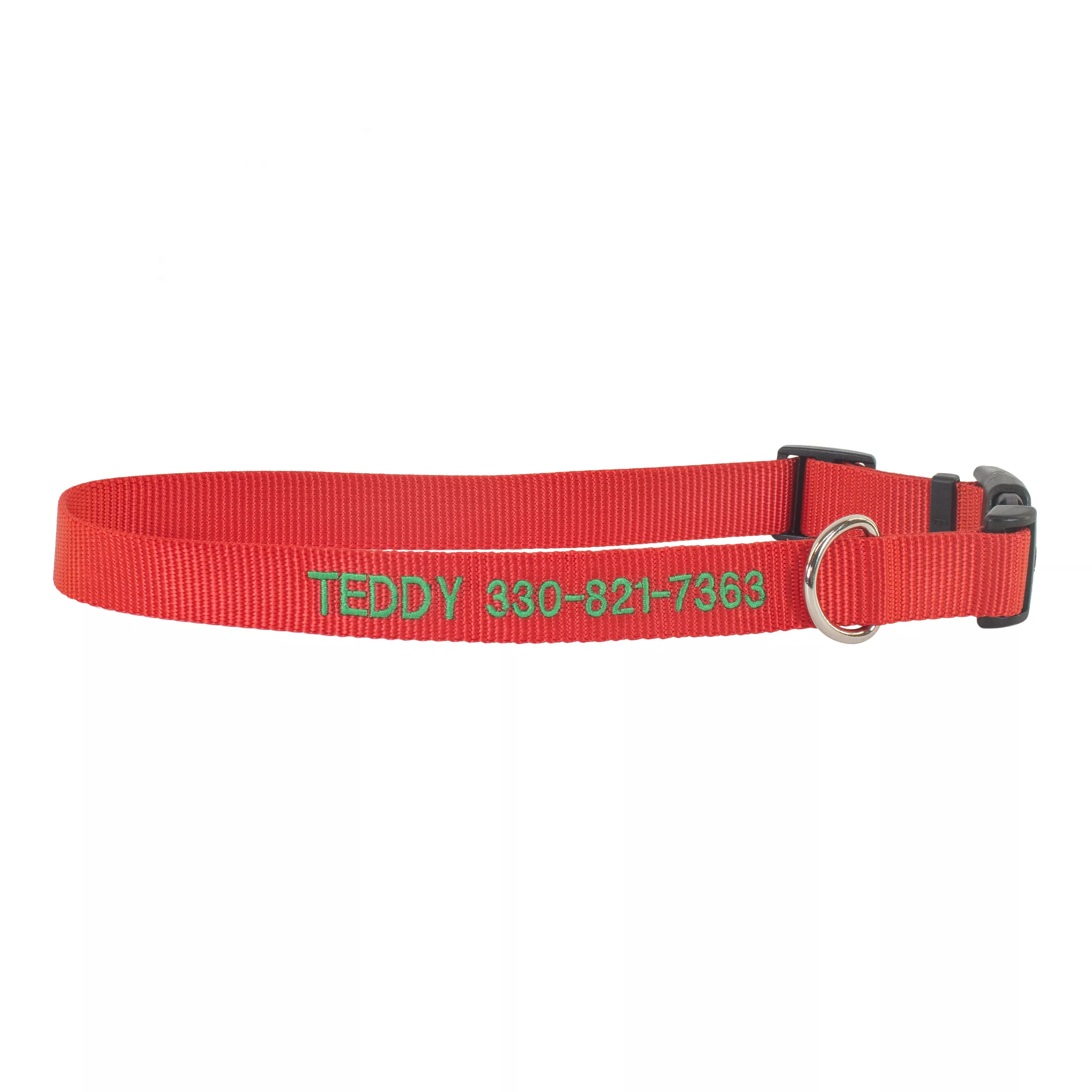 Red personalized nylon dog collar with green embroidered text showing a pet name and phone number, featuring an adjustable strap, side-release buckle, and metal D-ring.