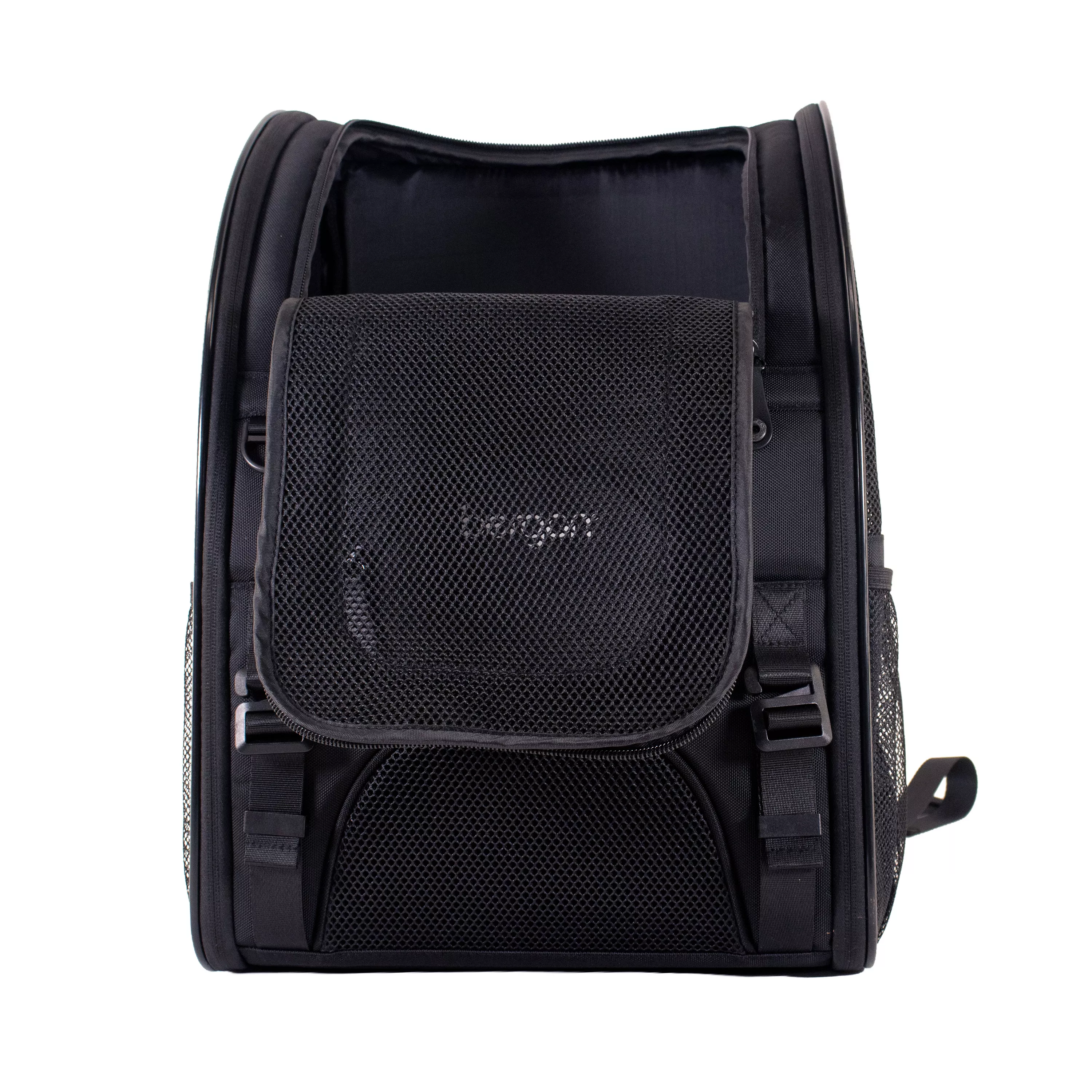 Front view of the pet carrier with the mesh front door closed and the brand logo centered on the front panel.