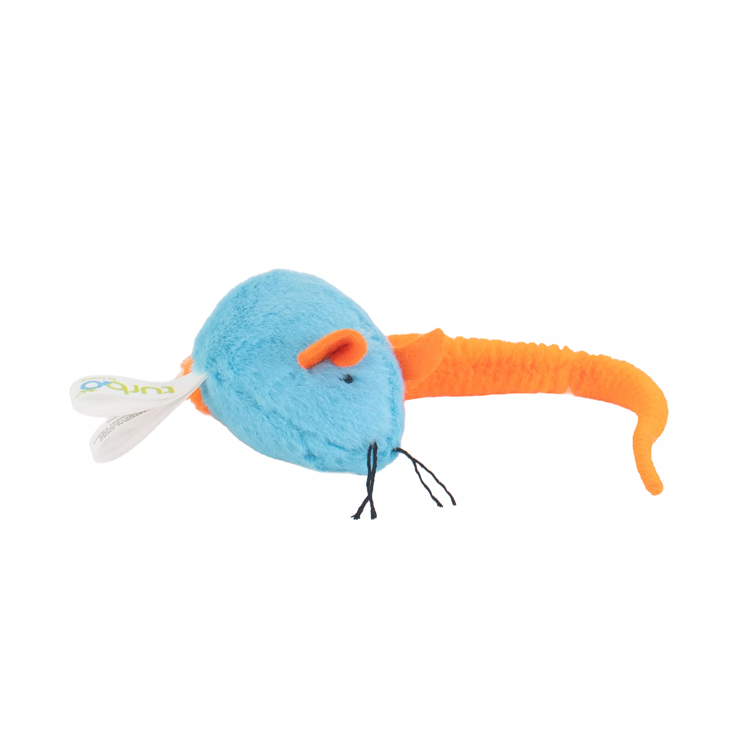 Blue plush mouse cat toy with an orange fabric tail and ears, black stitched whiskers, and a small fabric tag attached, shown isolated on a white background.