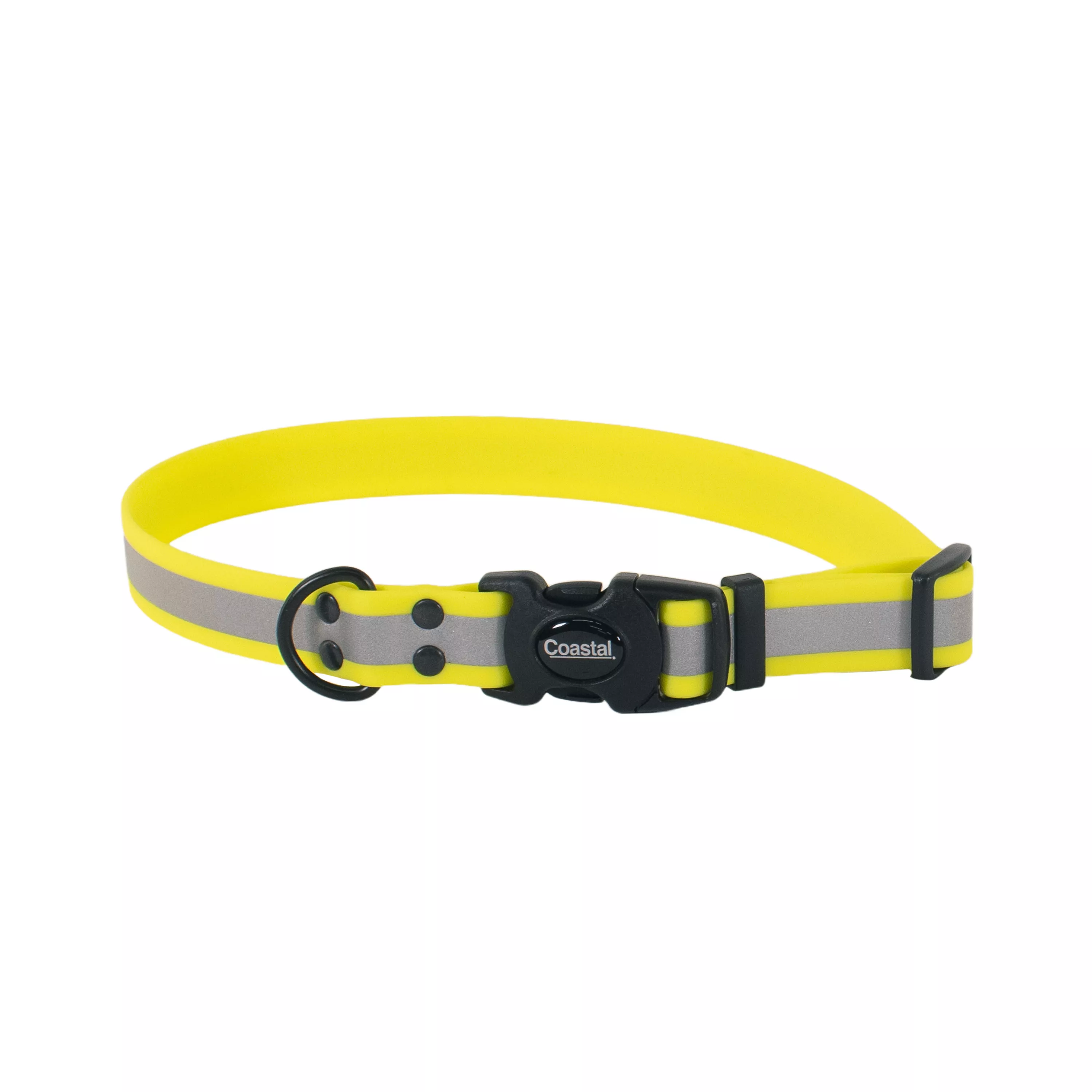 Yellow BioThane waterproof dog collar shown in a closed circle with a black plastic buckle and black metal rivets.