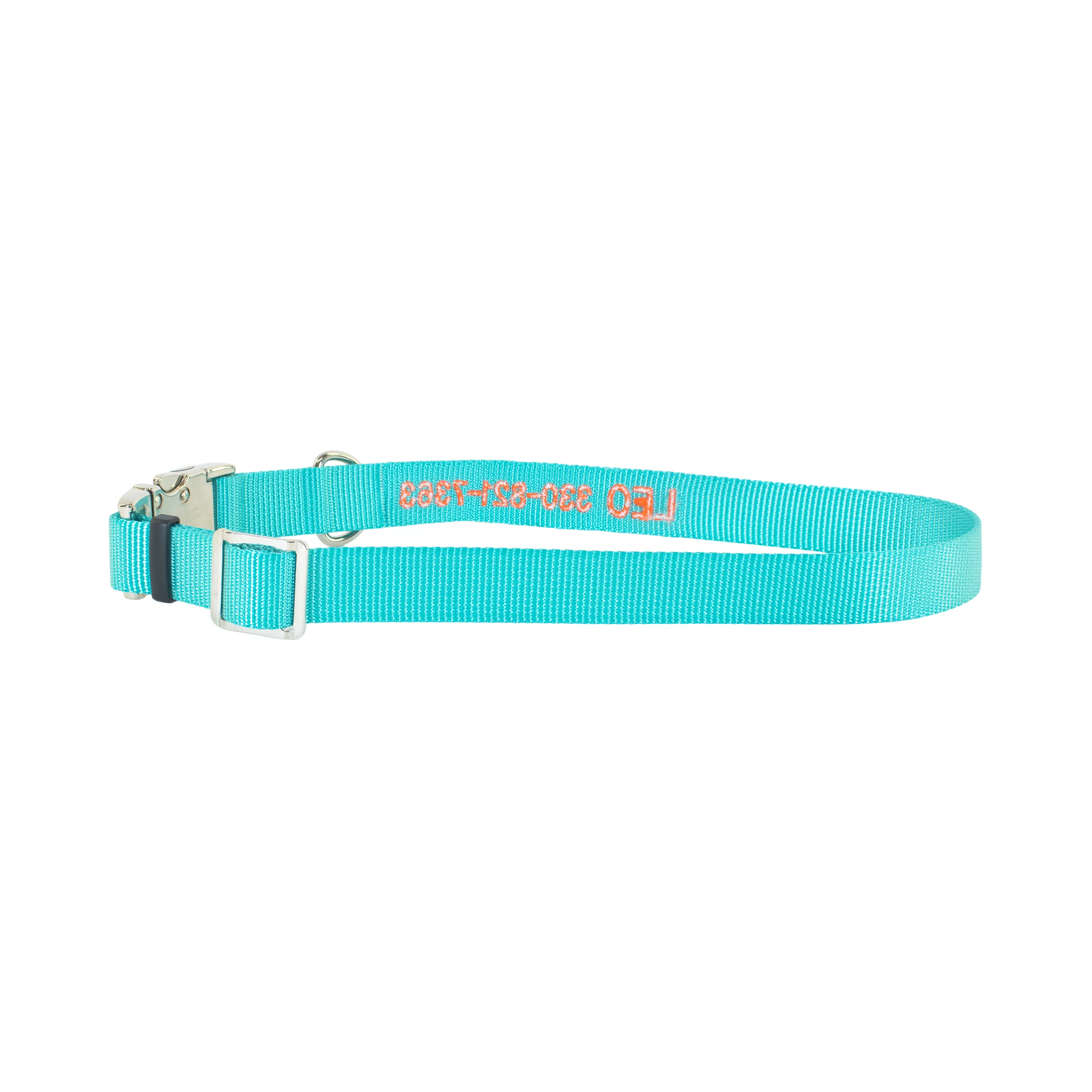 Teal nylon dog collar with orange embroidered personalization reading “LEO 330-821-7363,” featuring a metal D-ring and buckle.