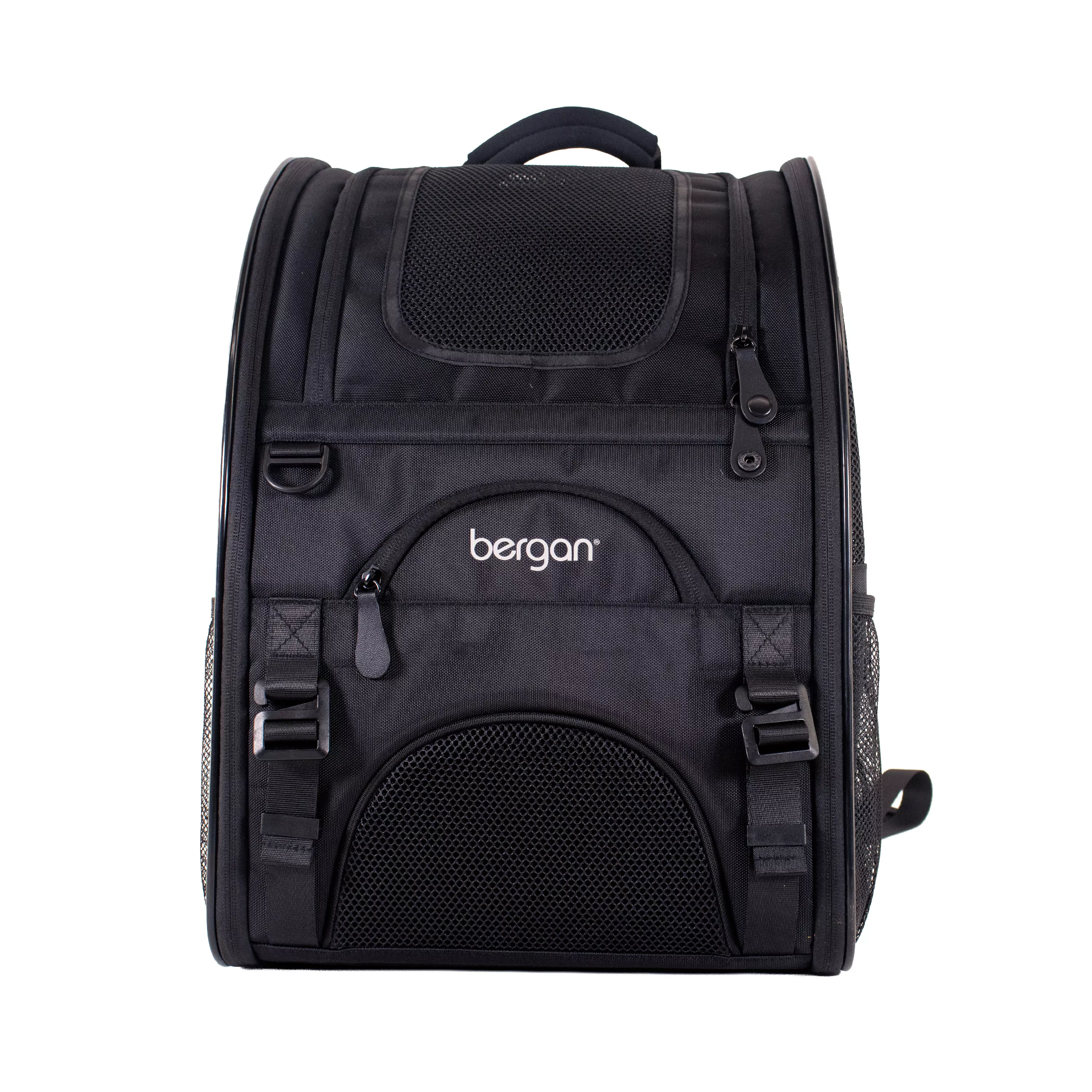 Angled front‑side view of the pet carrier with the mesh front door closed, showing the zipper pulls and side ventilation.