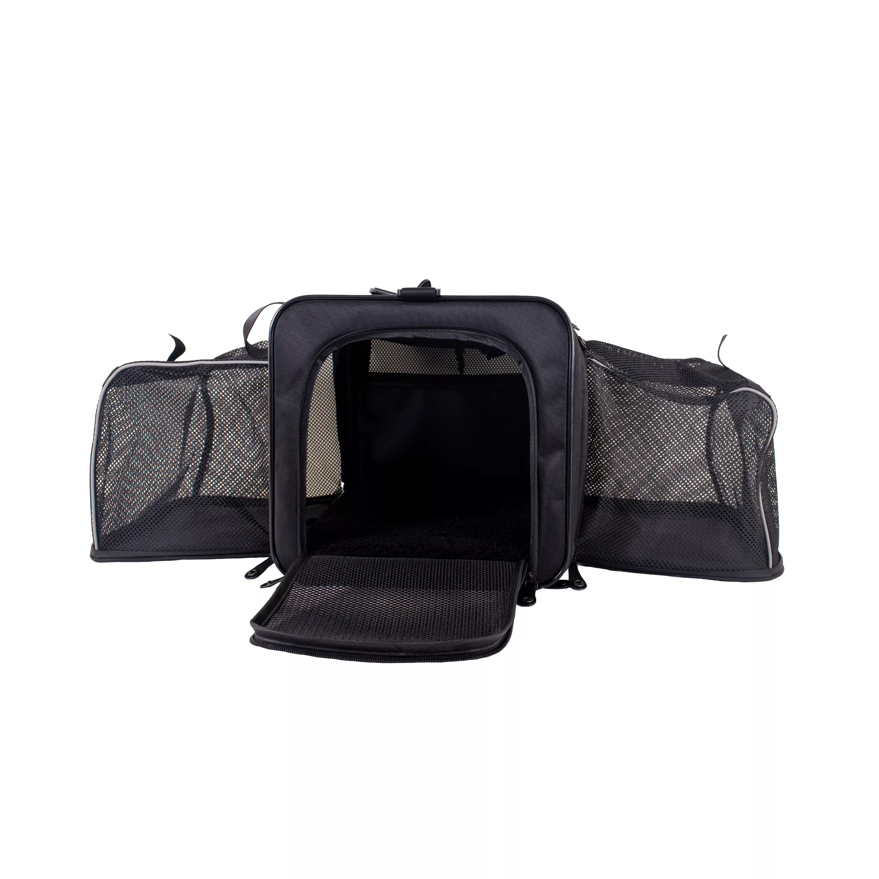 Angled front view of the tote carrier with both expandable side compartments unzipped and extended outward.