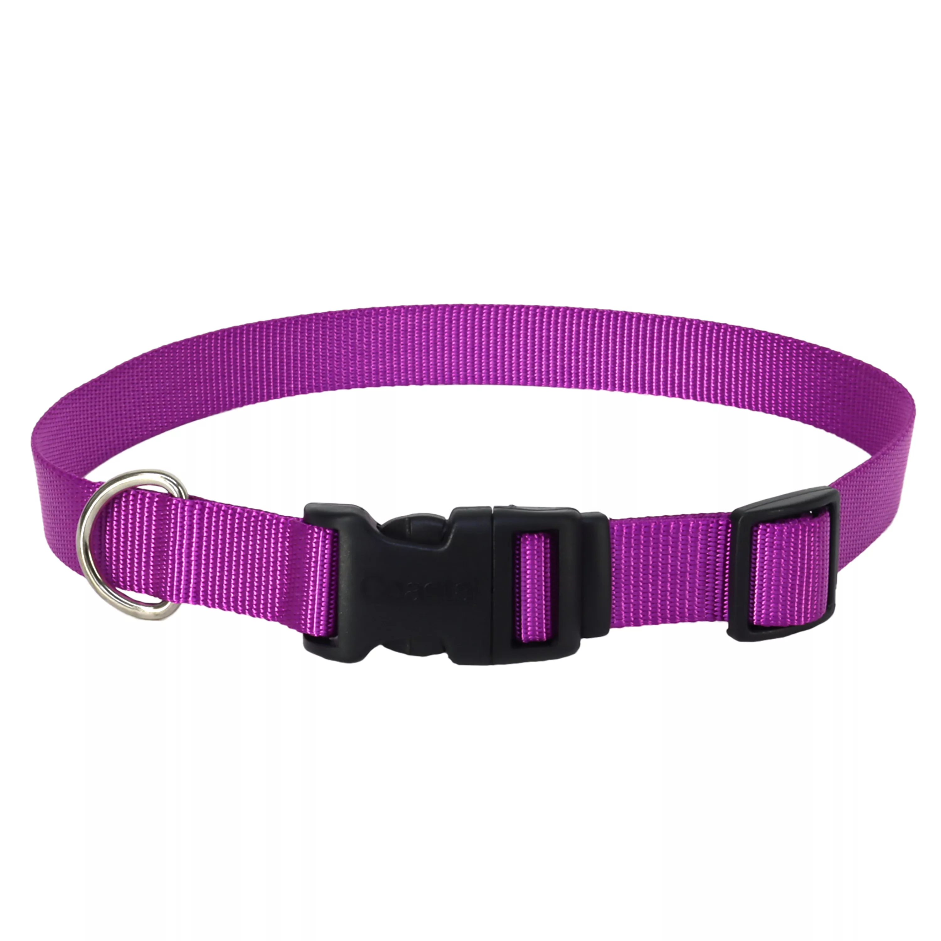 A product‑only image of a light purple adjustable dog collar on a white background. The collar features a woven nylon strap with a ribbed texture. A black plastic side‑release buckle sits at the center, and a matching black plastic adjustment slider is positioned along the strap. A silver‑tone metal D‑ring is attached next to the buckle with reinforced stitching at the strap loop.