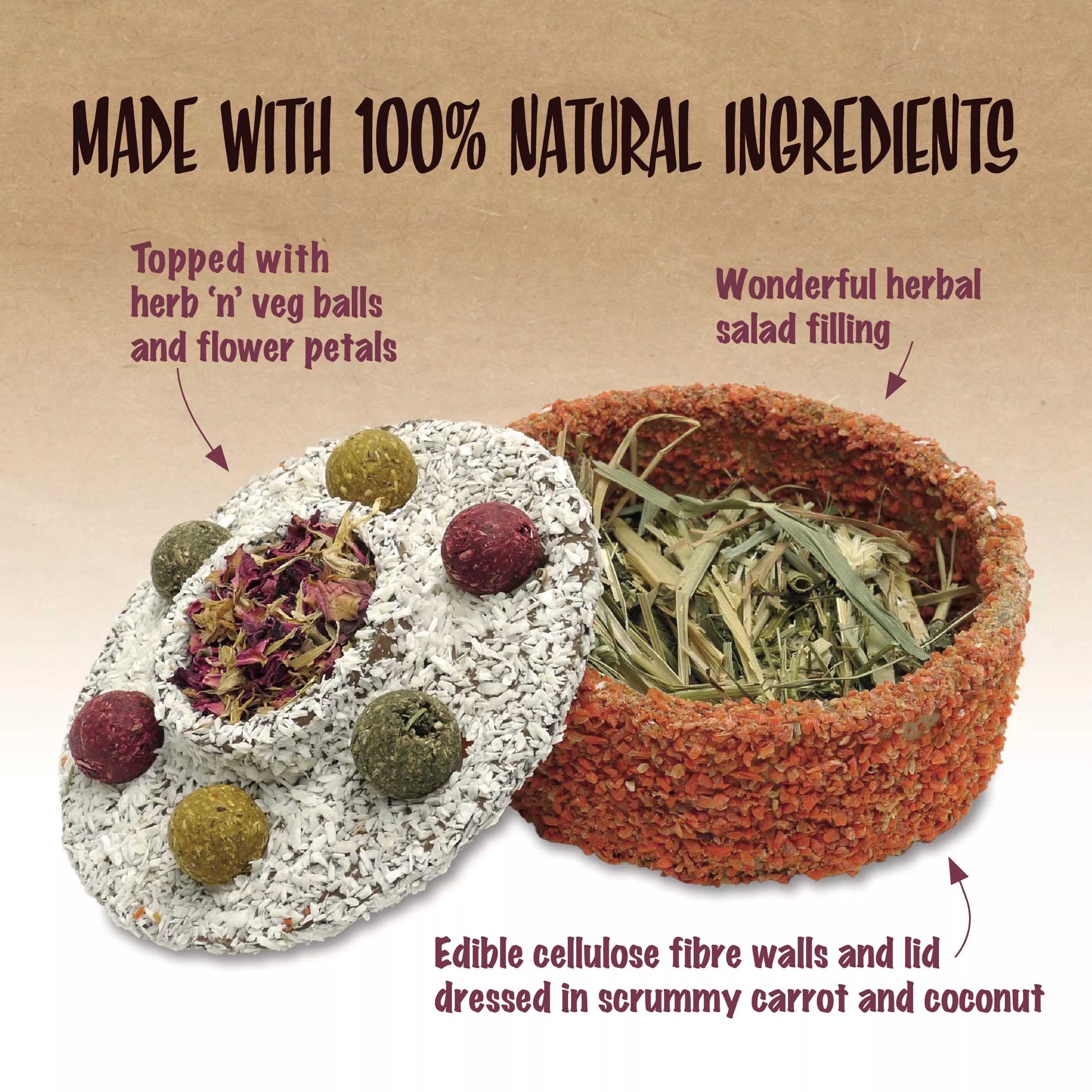 Round small animal celebration cake with a removable lid, coated in dried carrot pieces and coconut flakes. The opened cake reveals a filling of dried herbal forage, while the lid is topped with colorful herb and vegetable treats and flower petals. Text on the image reads: “Made with 100% Natural Ingredients” and highlights the herbal salad filling, edible cellulose fiber walls and lid, and herb and vegetable toppings with flower petals.