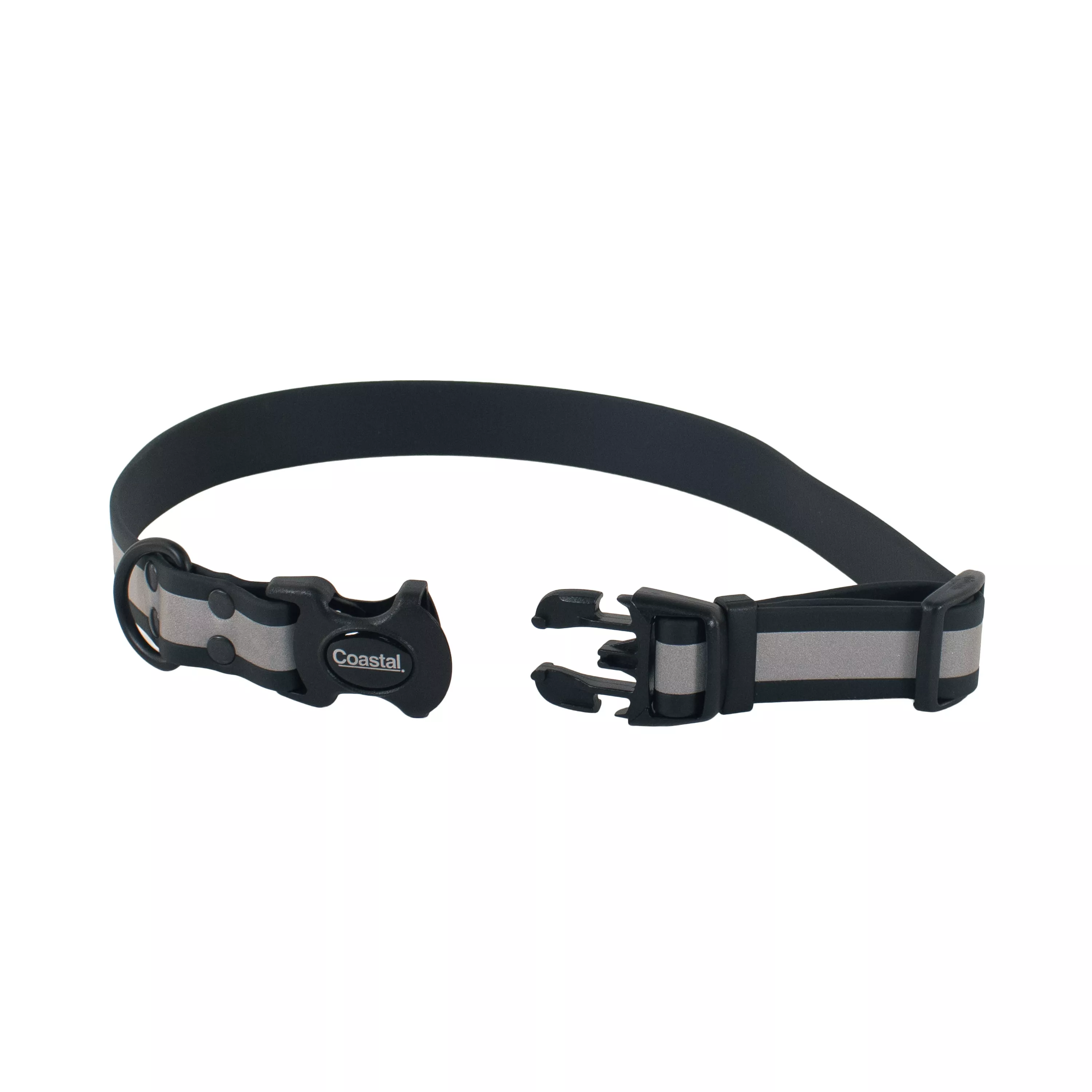 Black BioThane waterproof dog collar shown flat with the black plastic buckle unclipped and black metal rivets along the strap.