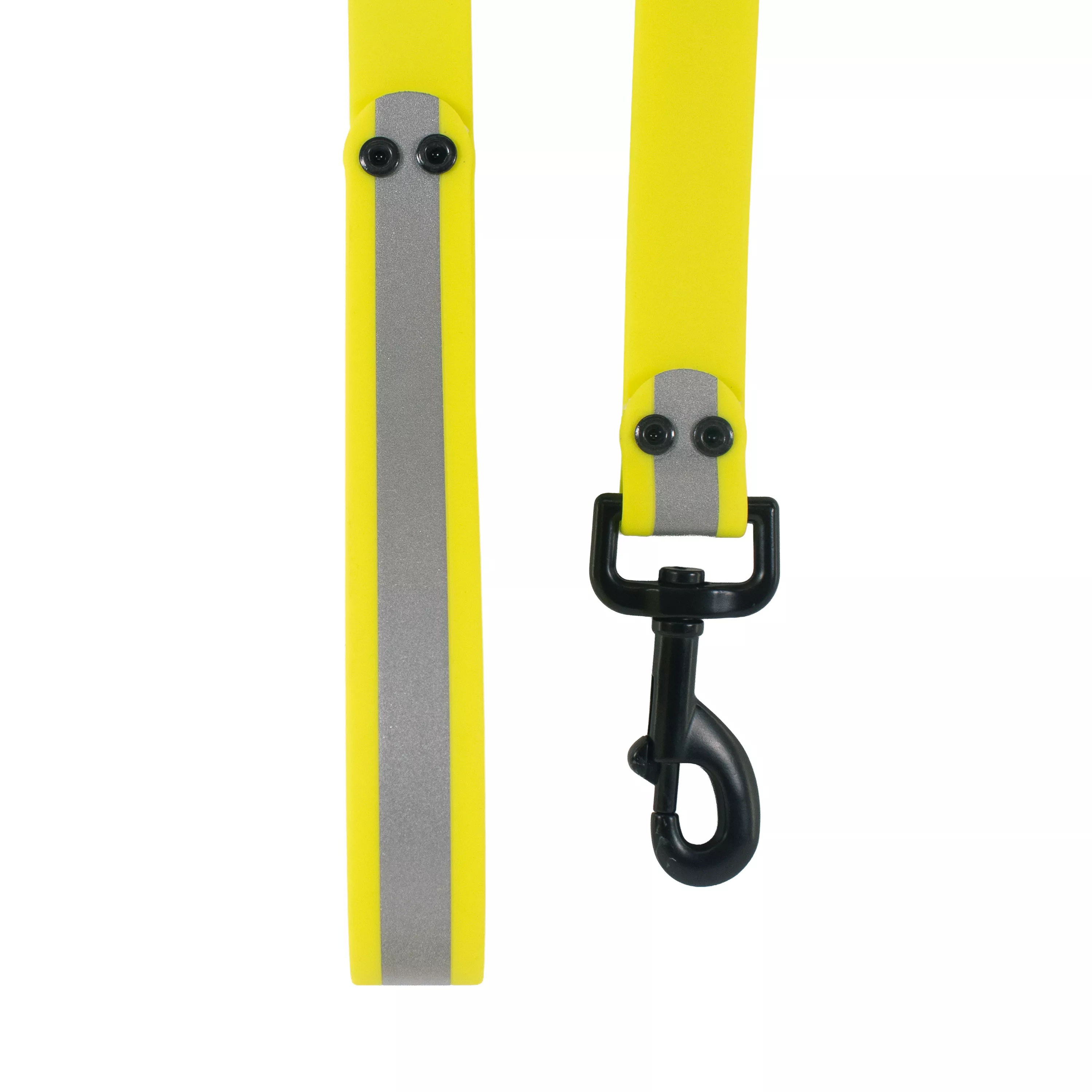 Yellow reflective BioThane waterproof leash with a central reflective strip, shown close‑up with the black metal swivel snap and black metal rivets.
