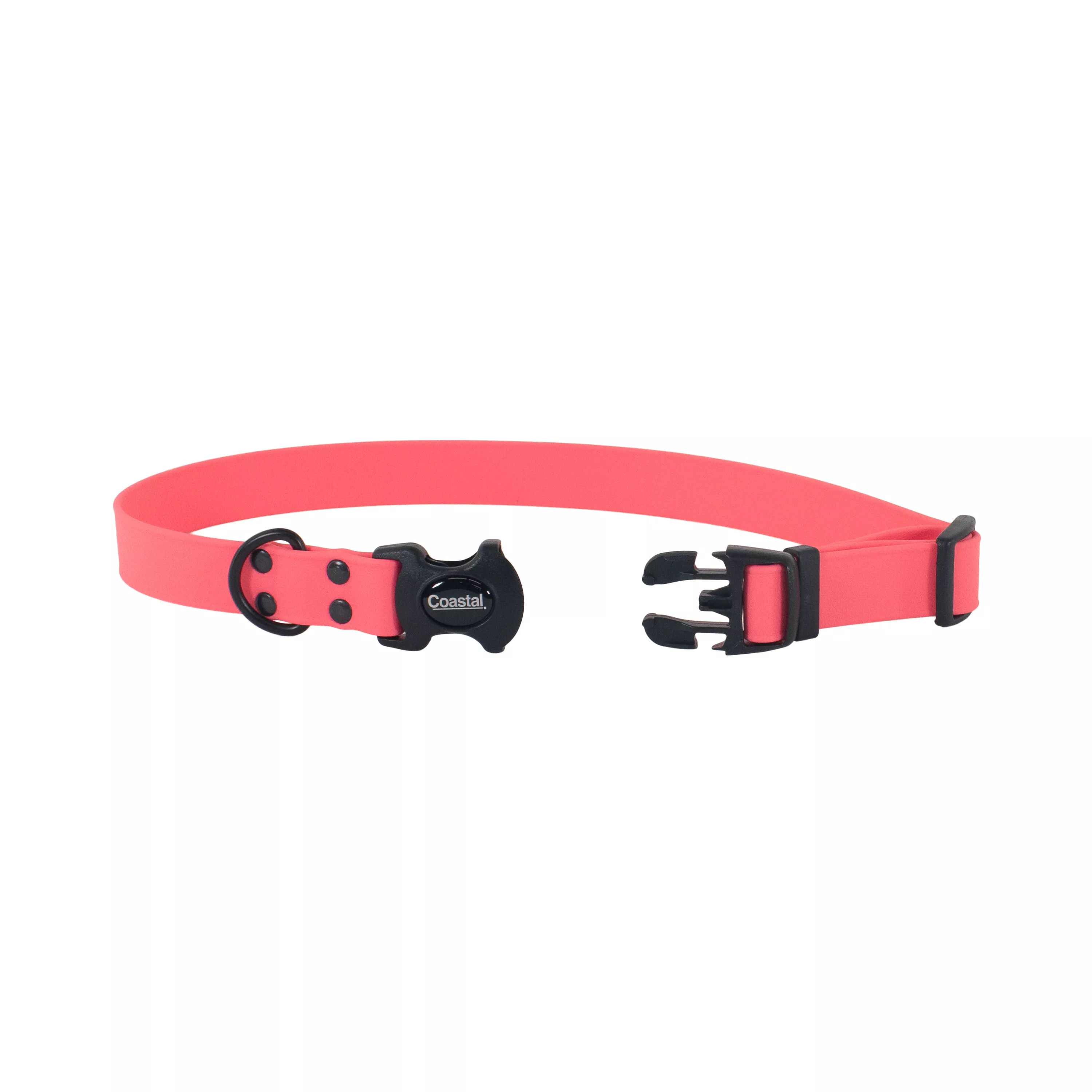 Coral‑pink BioThane waterproof dog collar with a black plastic buckle and black metal rivets.