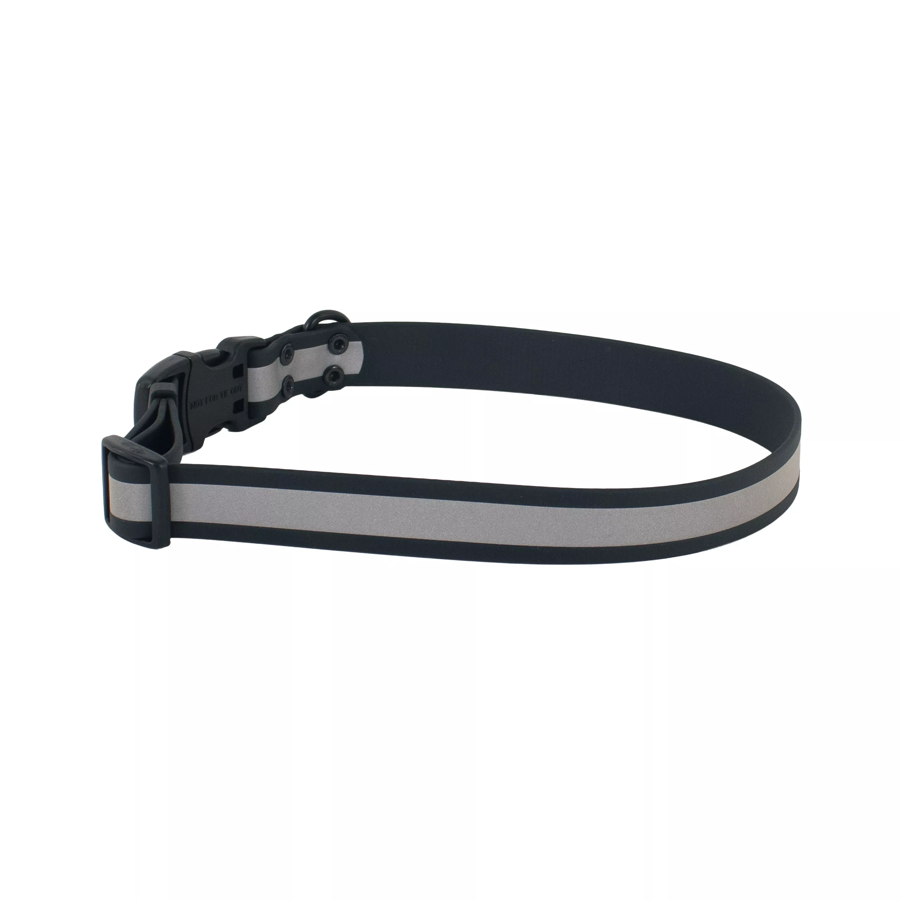 Black BioThane waterproof dog collar shown in a circular shape with a black plastic buckle and black metal rivets.
