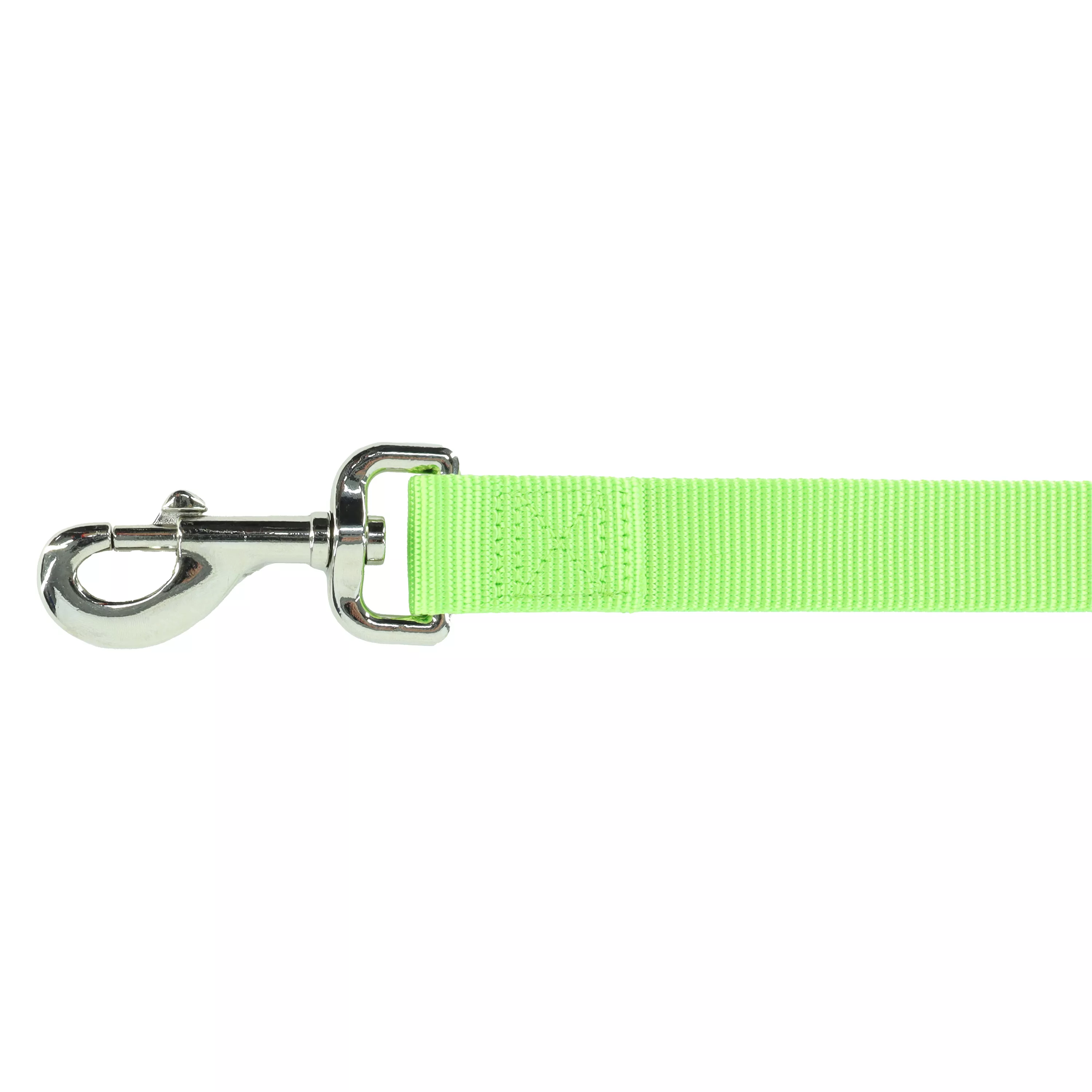 A product‑only close‑up image of a lime single‑ply dog leash displayed against a white background. The leash is made of flat woven nylon in a bright lime‑green color with a ribbed texture. The visible end of the leash features a silver‑tone metal swivel bolt‑snap clasp connected by a folded and reinforced stitched strap loop. Only a short section of the leash strap and the clasp are shown in the frame.