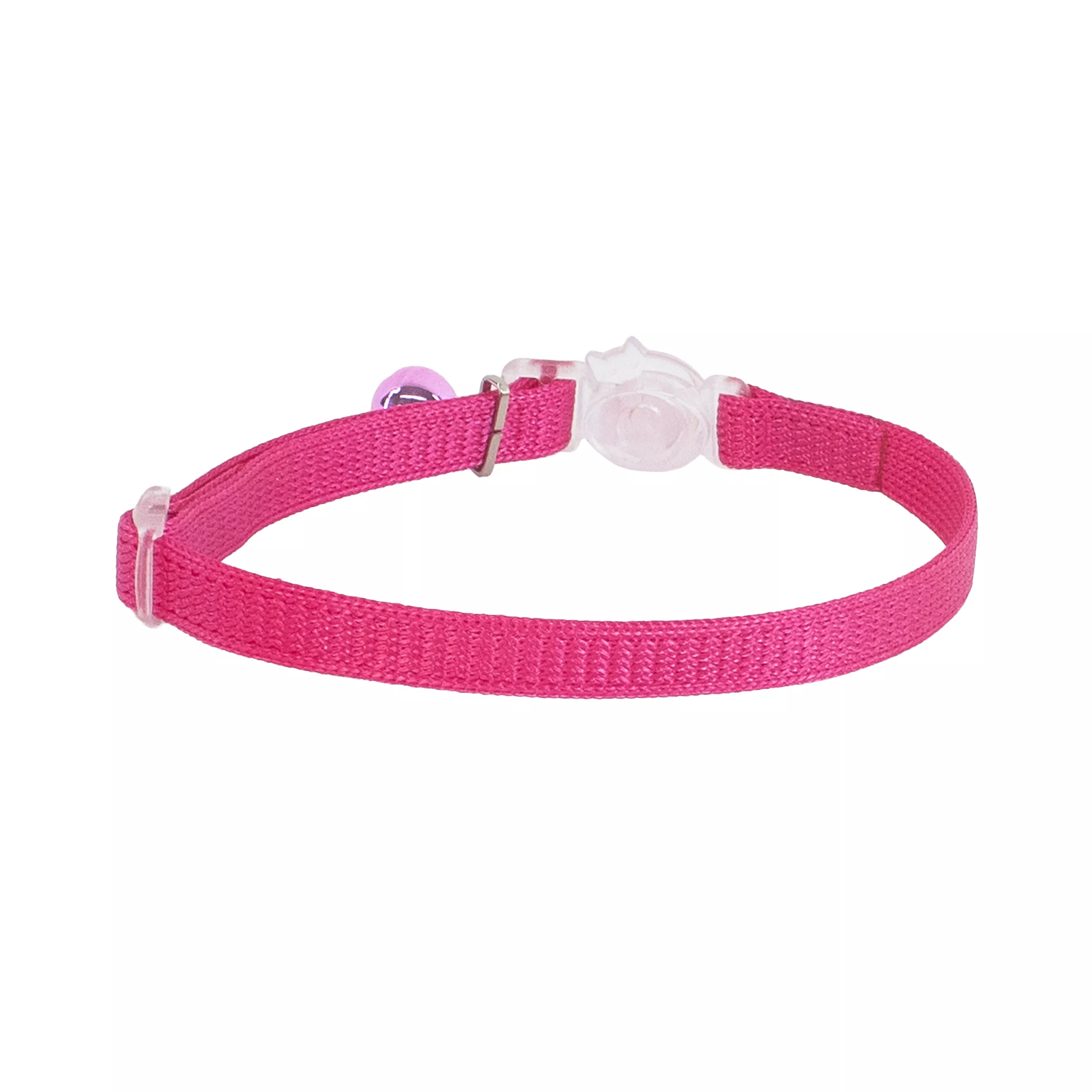 Pink cat collar shown from the back with woven texture, clear plastic breakaway buckle, metal adjustment ring, and small bell partially visible, placed on a white background.