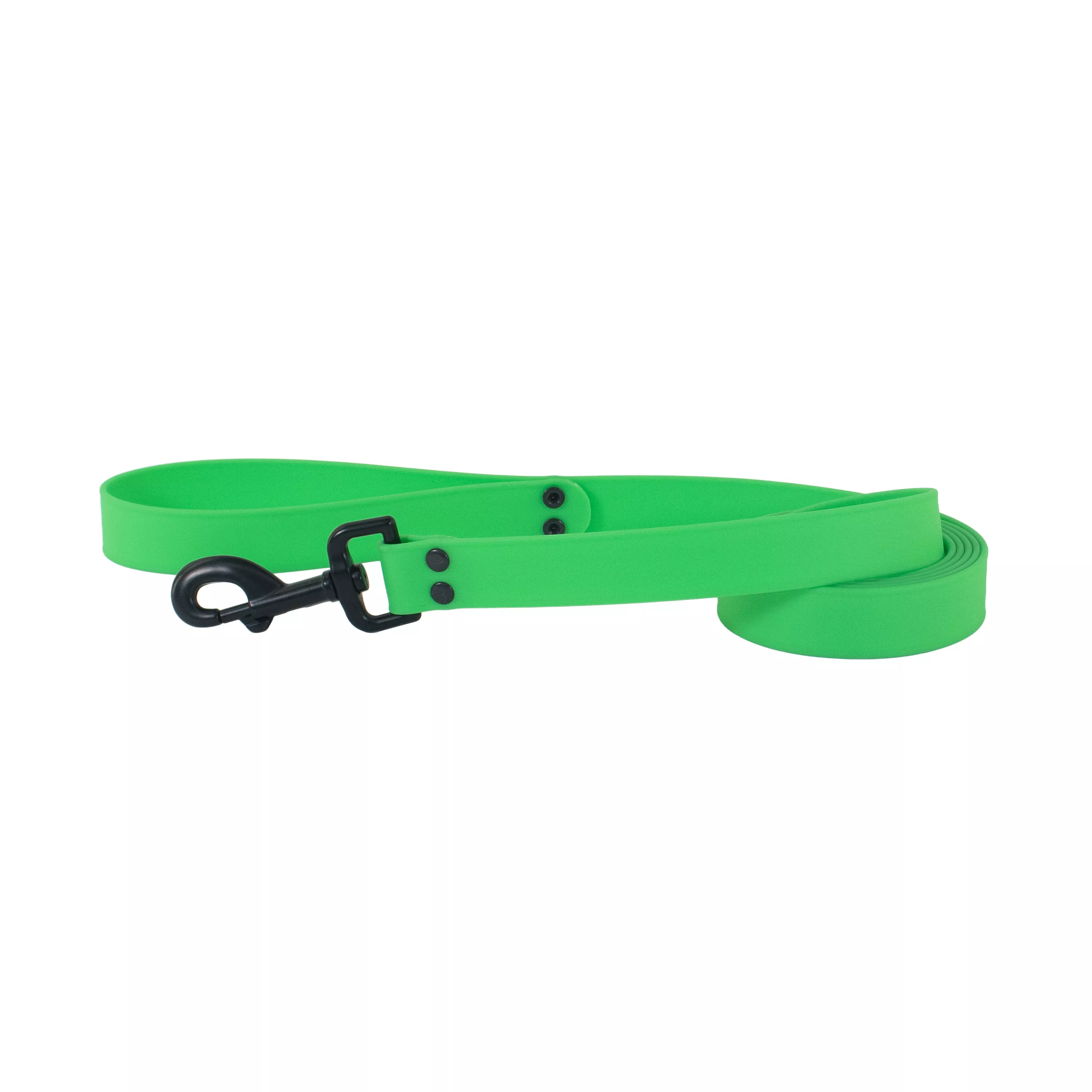 Green BioThane waterproof leash coiled into a tighter roll with the black metal swivel snap positioned at the front.