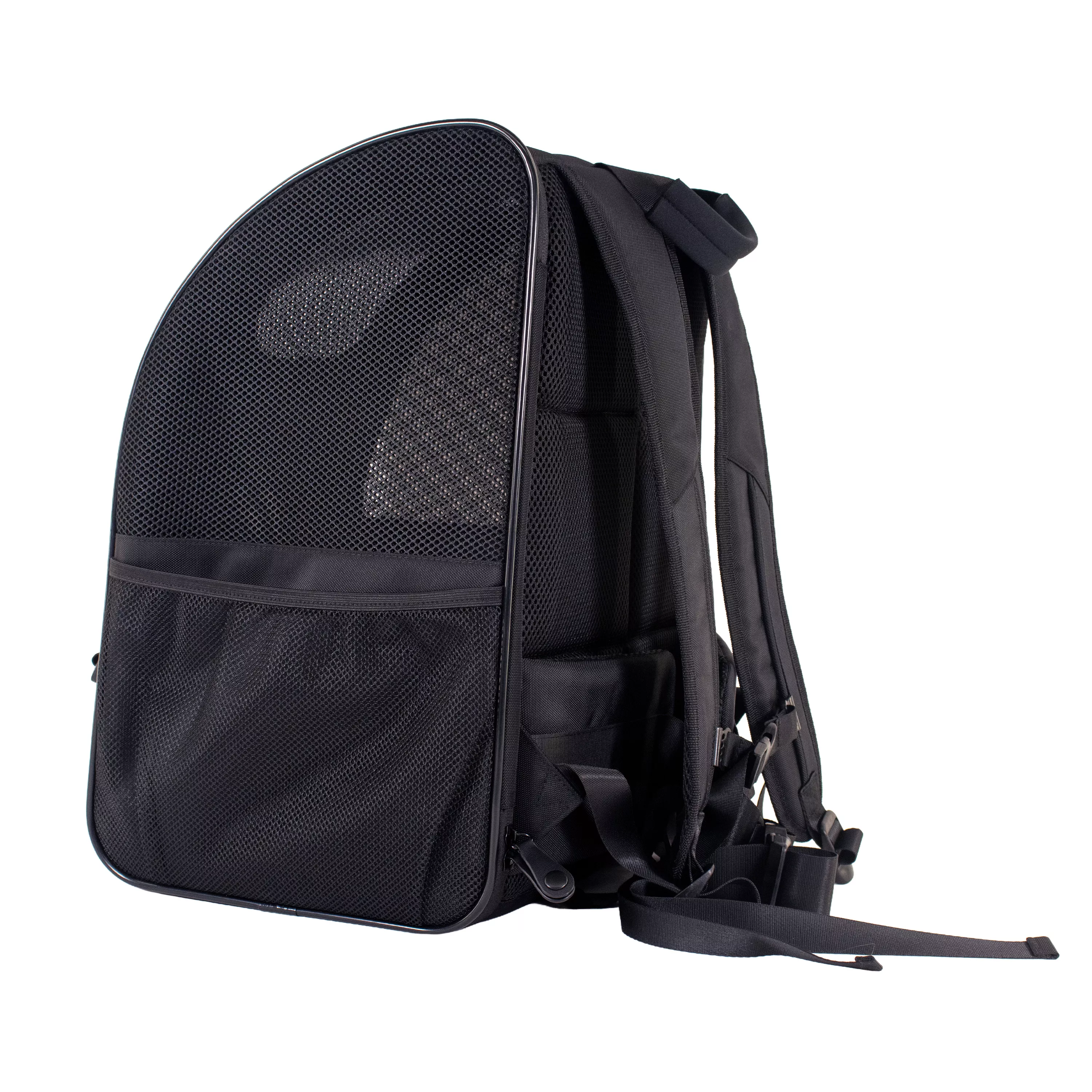Side view of the pet carrier with shoulder straps extended outward, showing the mesh side panel and attachment points.