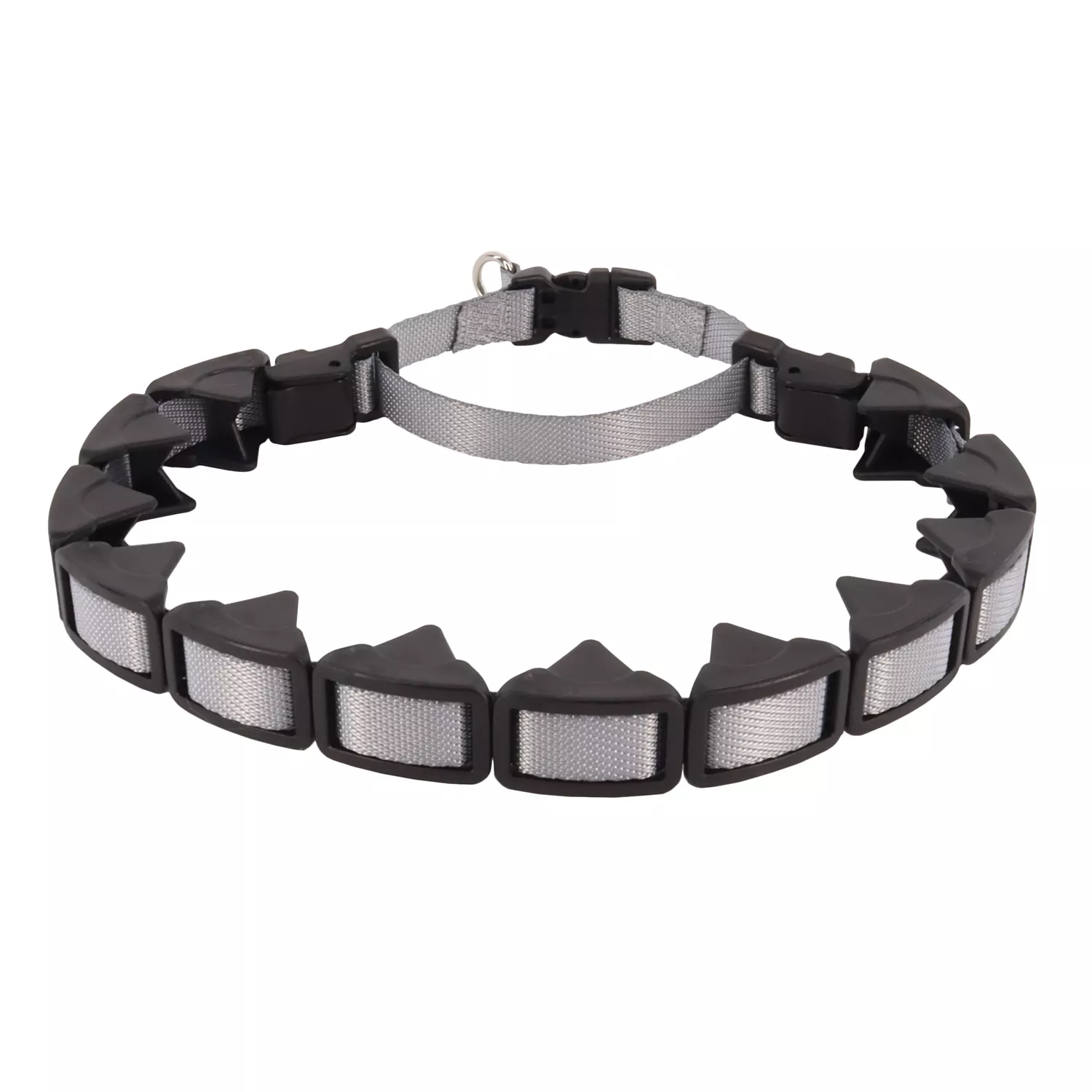 A gray training collar is displayed against a white background. The collar features interlocking gray plastic links, each containing a black padded interior plate. A black plastic buckle and a metal attachment ring are visible.