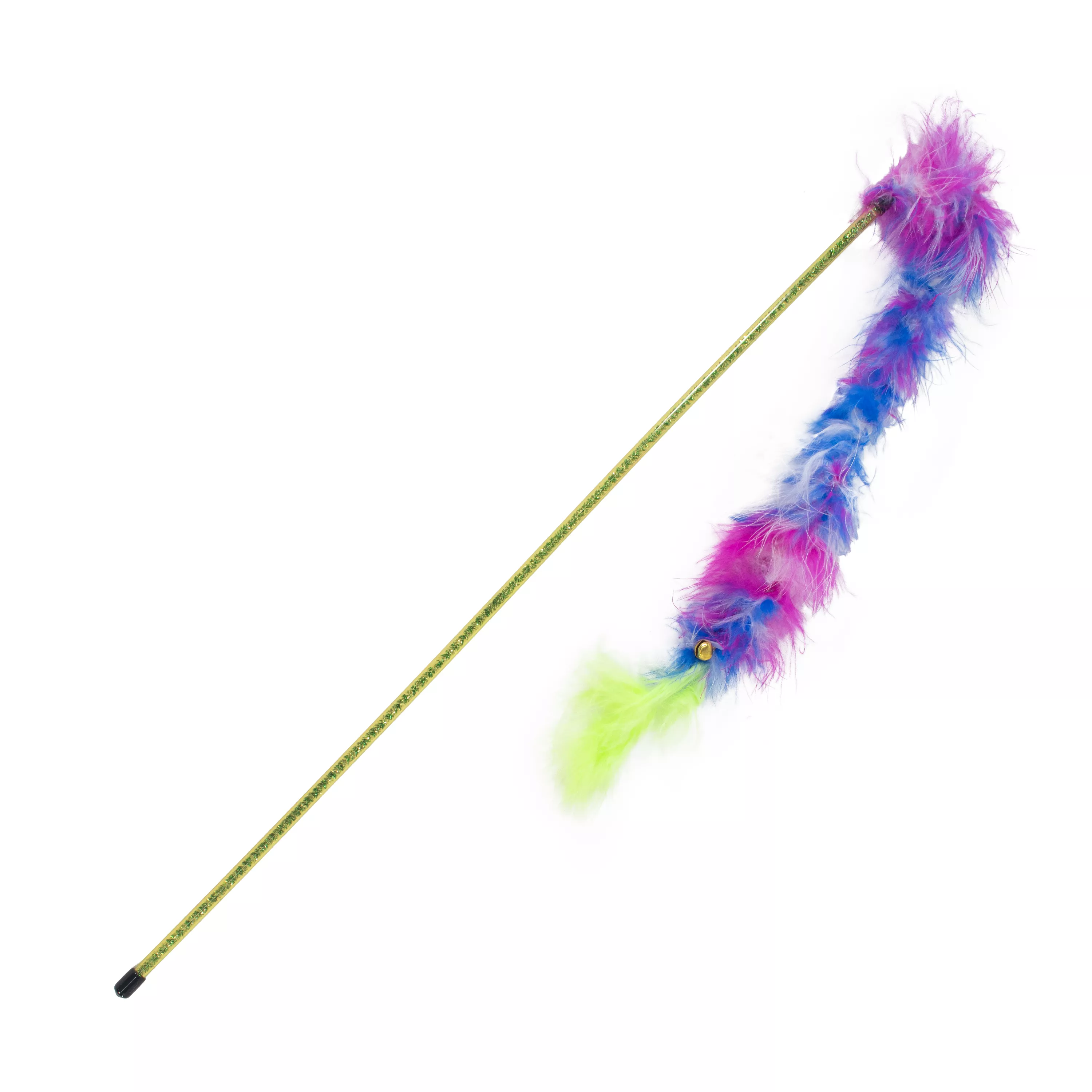 Angled product view of a cat teaser wand with colorful feather tip.