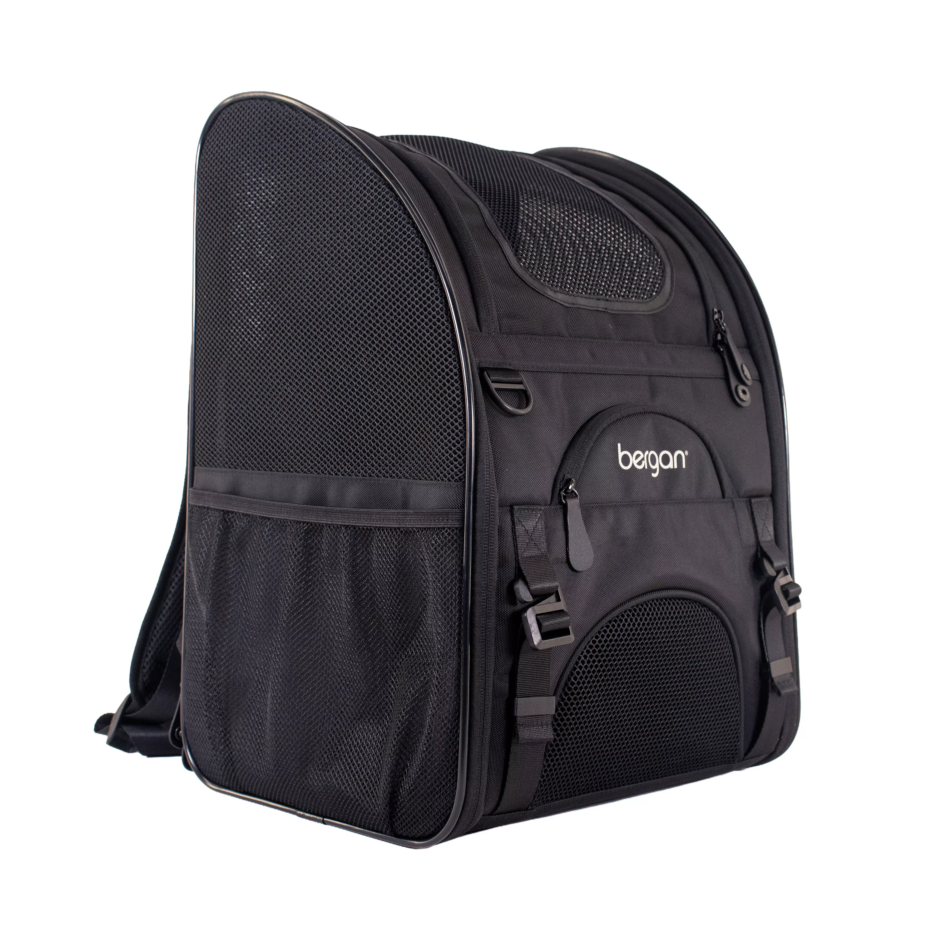 Angled rear‑side view of the pet carrier showing the backpack straps, side pocket, and mesh ventilation panel.