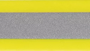 Swatch of gray reflective material with a textured center reflective strip and contrasting yellow borders on the top and bottom.