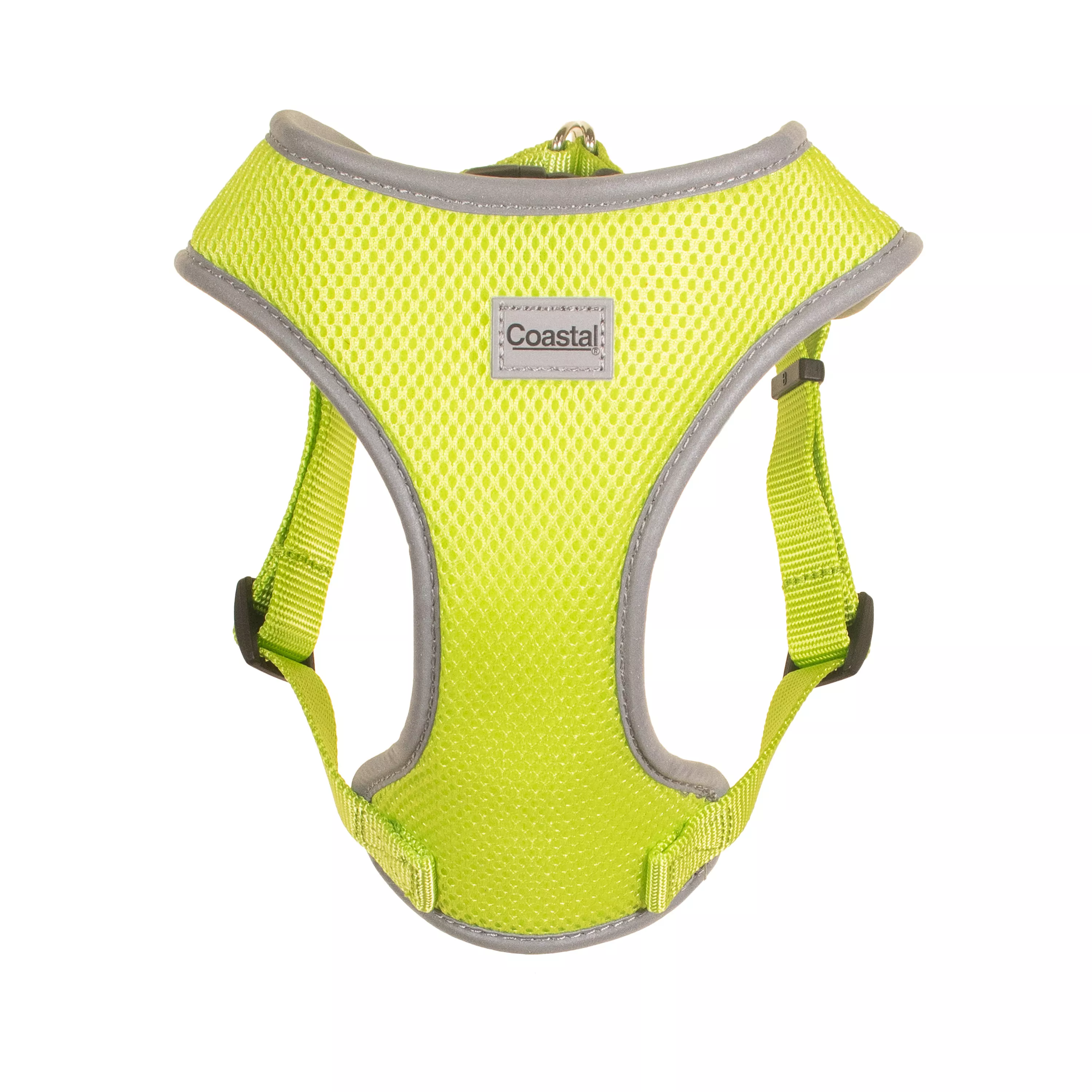 Bright green dog harness shown from the front with mesh padding, leg openings, and reflective light gray edging.