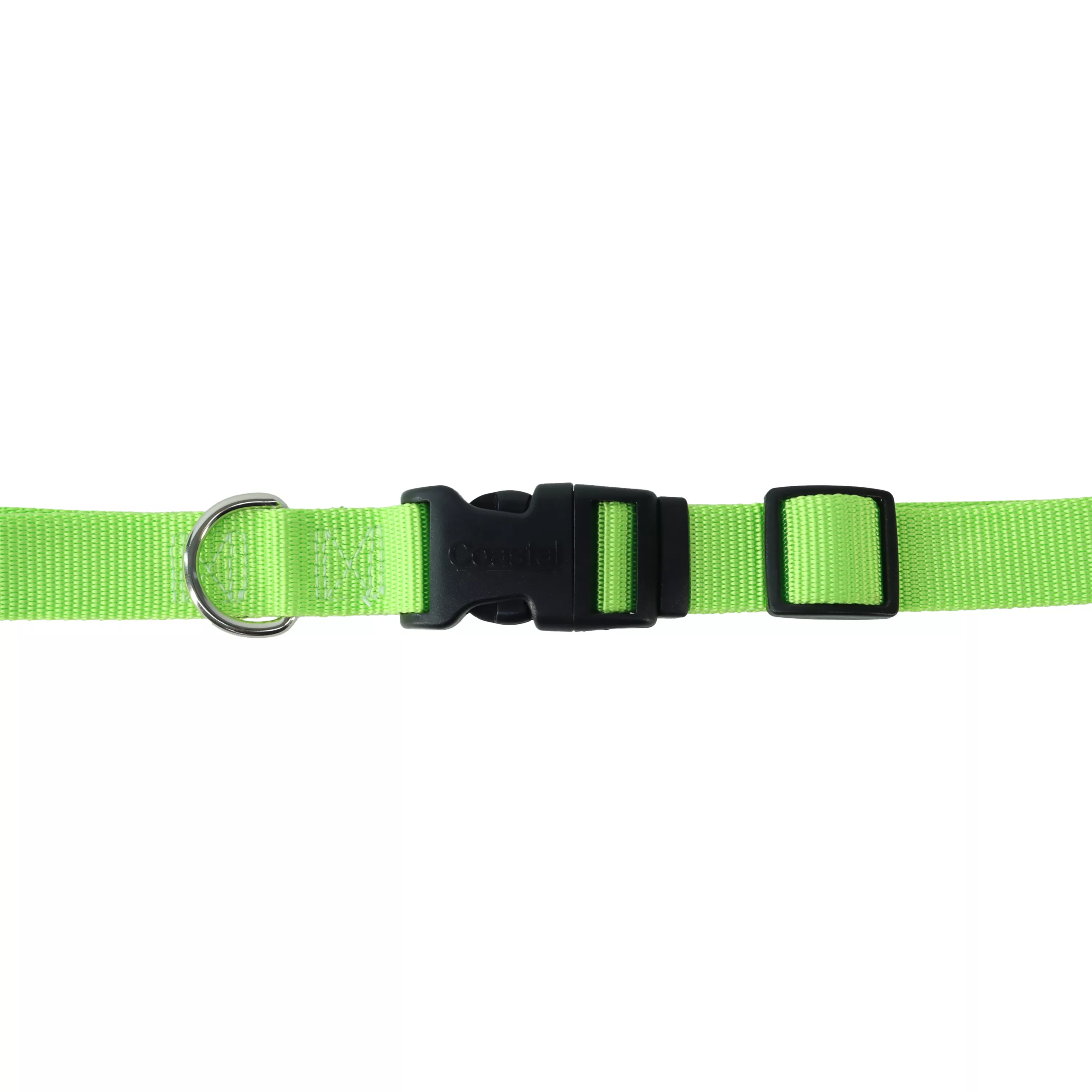 A product‑only image of a lime adjustable dog collar displayed against a white background. The collar is made of woven nylon with a green color and a ribbed strap texture. A black plastic side‑release buckle is centered on the collar. A black plastic adjustment slider is positioned along the strap. A silver‑tone metal D‑ring is attached beside the buckle with reinforced stitching securing the folded strap.