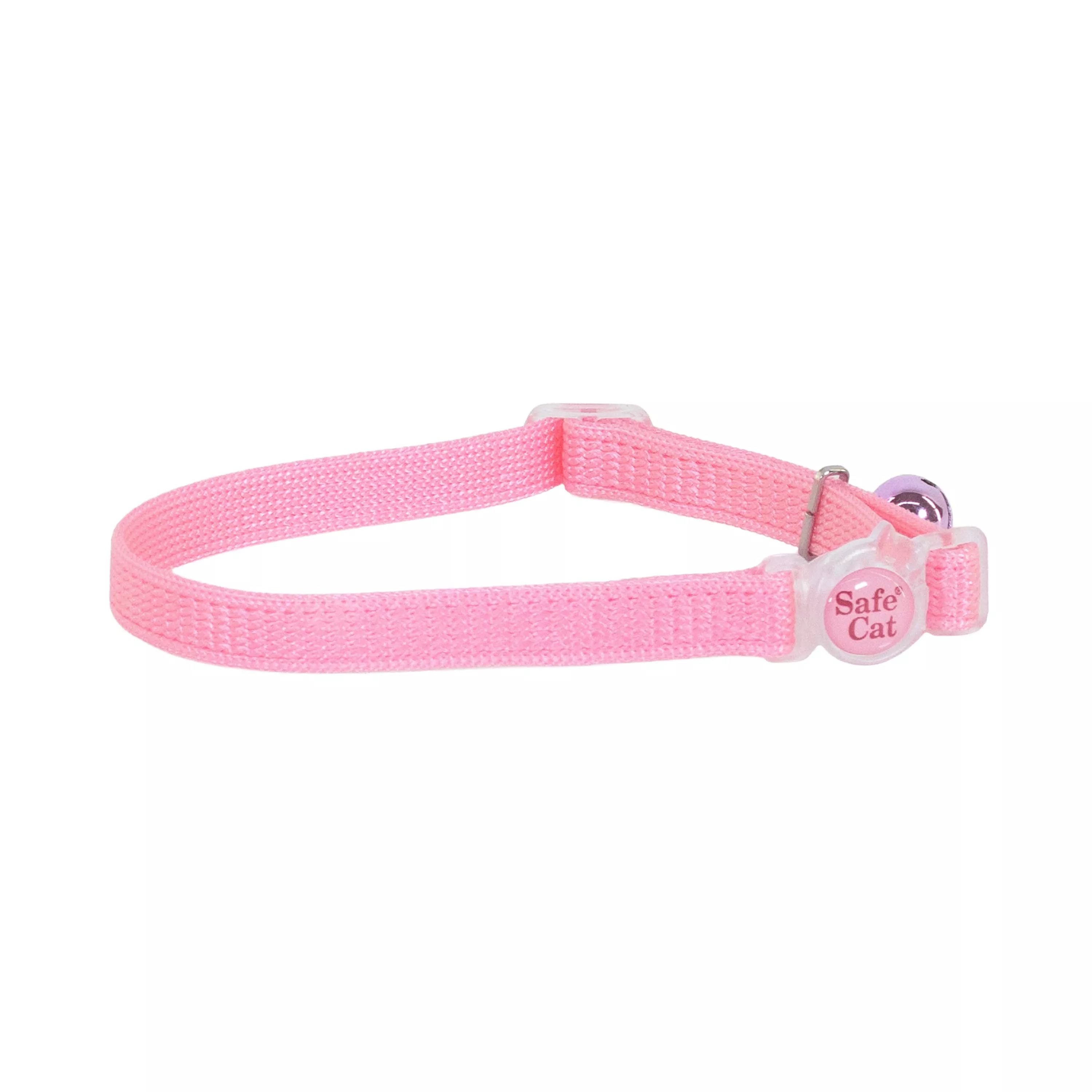 A product image of an adjustable snag‑proof breakaway collar in Pink Bright displayed on a white background. The strap is light pink woven fabric, and the buckle is clear plastic. A small pink bell hangs from a metal ring near the buckle.