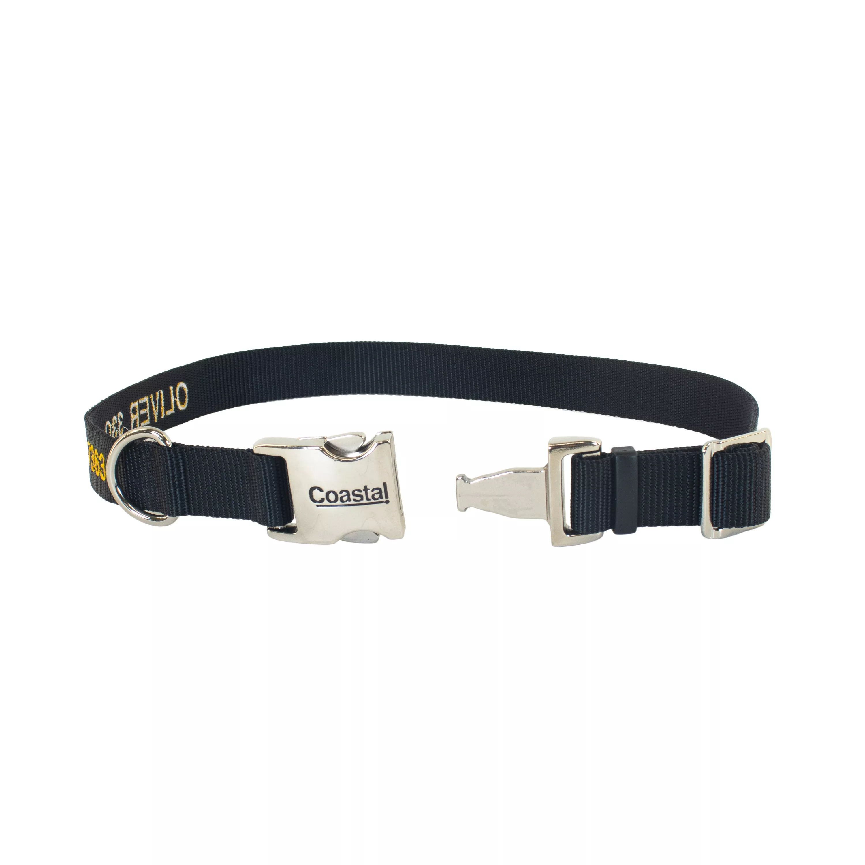 Black nylon dog collar with gold embroidered personalization reading “OLIVER 330-821-7363,” featuring a metal D-ring and buckle.