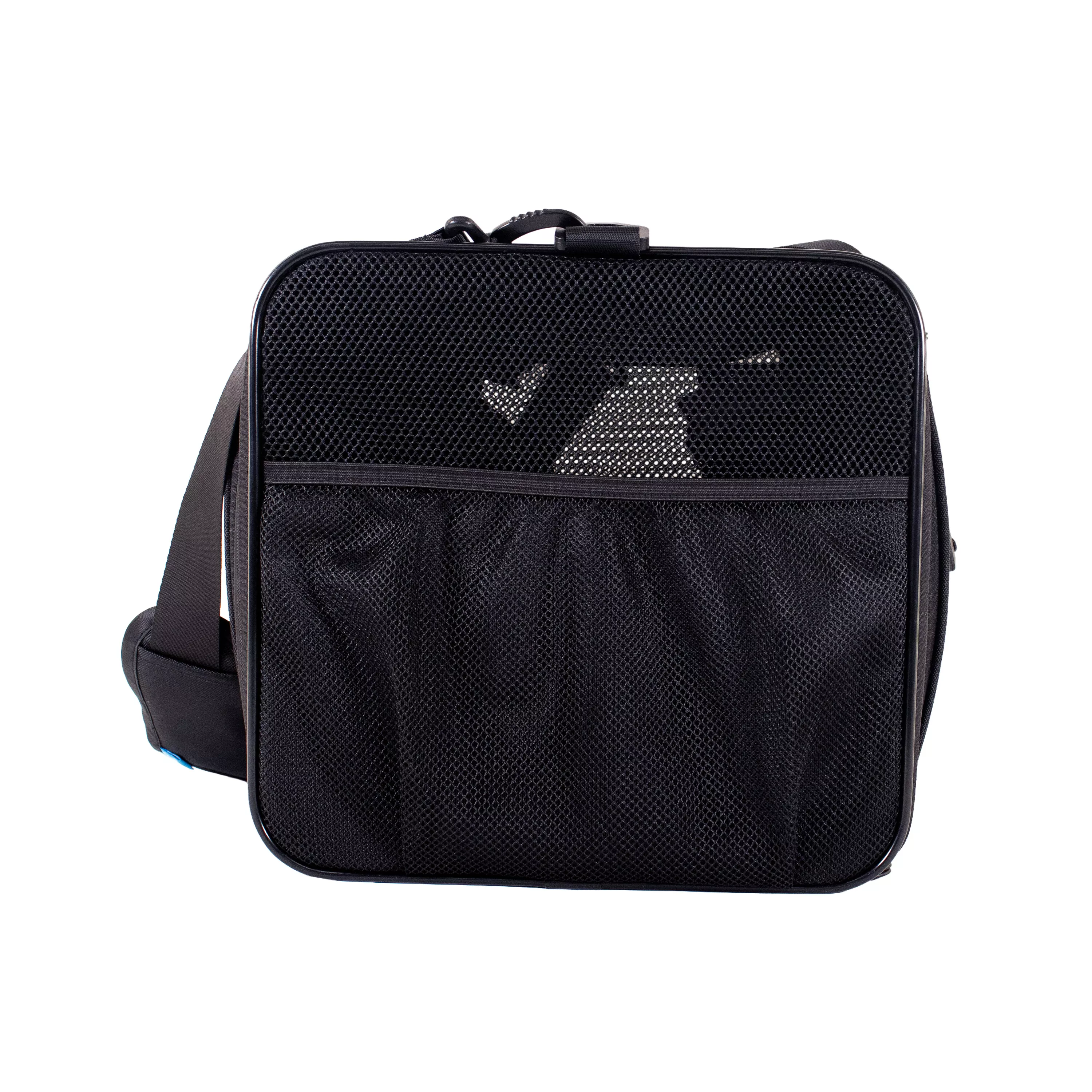 Front view of the tote showing the zippered accessories pocket and mesh ventilation panel above it.