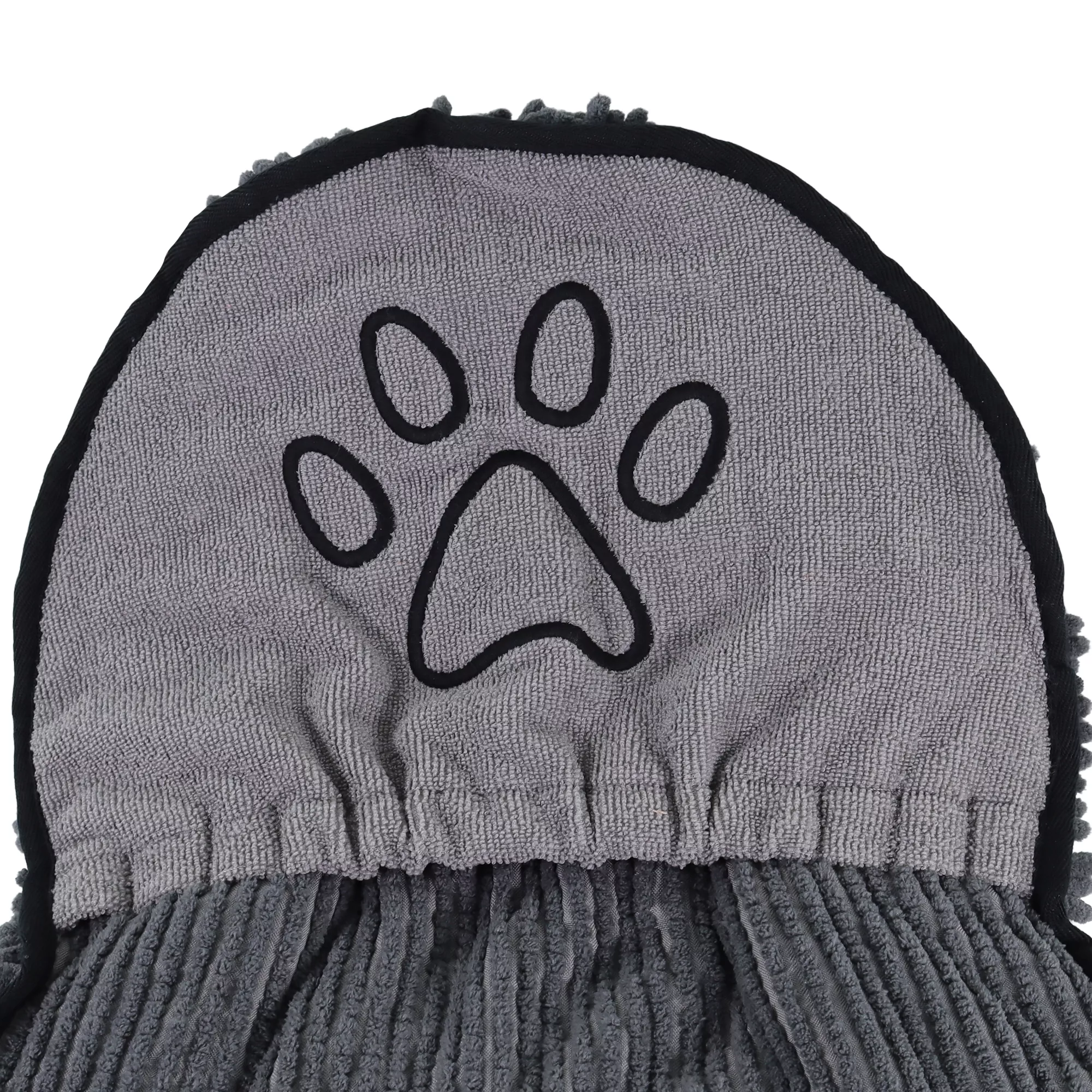 A close‑up of the shammy towel’s pocket section shows a rounded gray fabric panel with an embroidered black paw‑print design. Black trim outlines the curved edge. The lower portion of the towel features densely packed gray microfiber chenille strands with a soft, nubby texture.