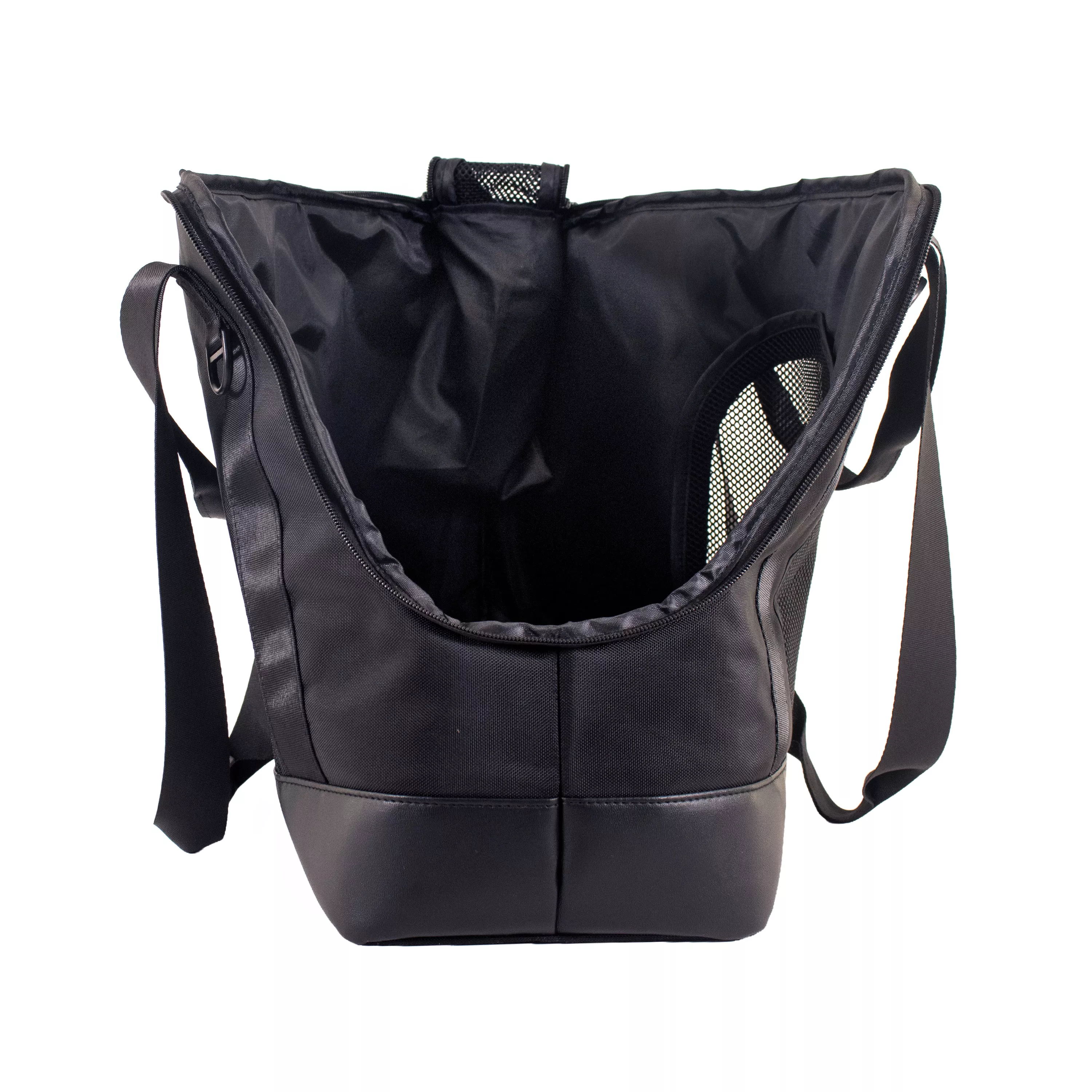 Side view of the pet tote with the top fully unzipped, showing the open interior, mesh ventilation panel on one side, and the long shoulder straps draped along the edges.