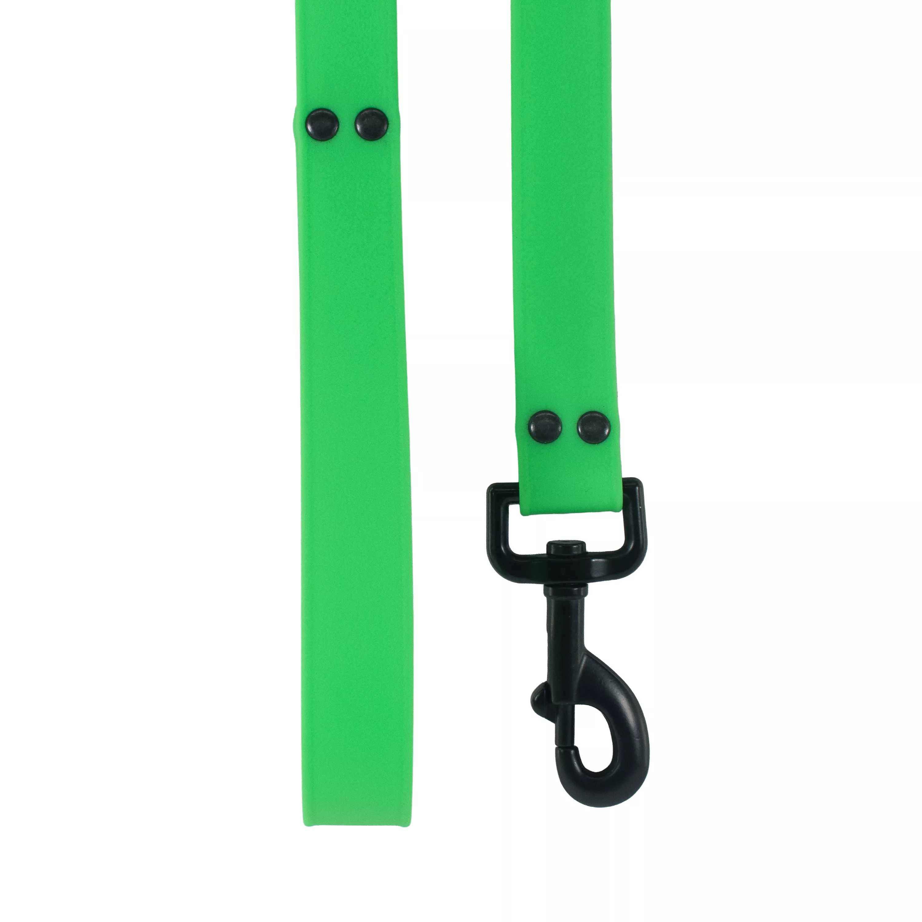 Close‑up of the green BioThane waterproof leash showing the attachment end with black metal rivets and the black metal swivel snap.
