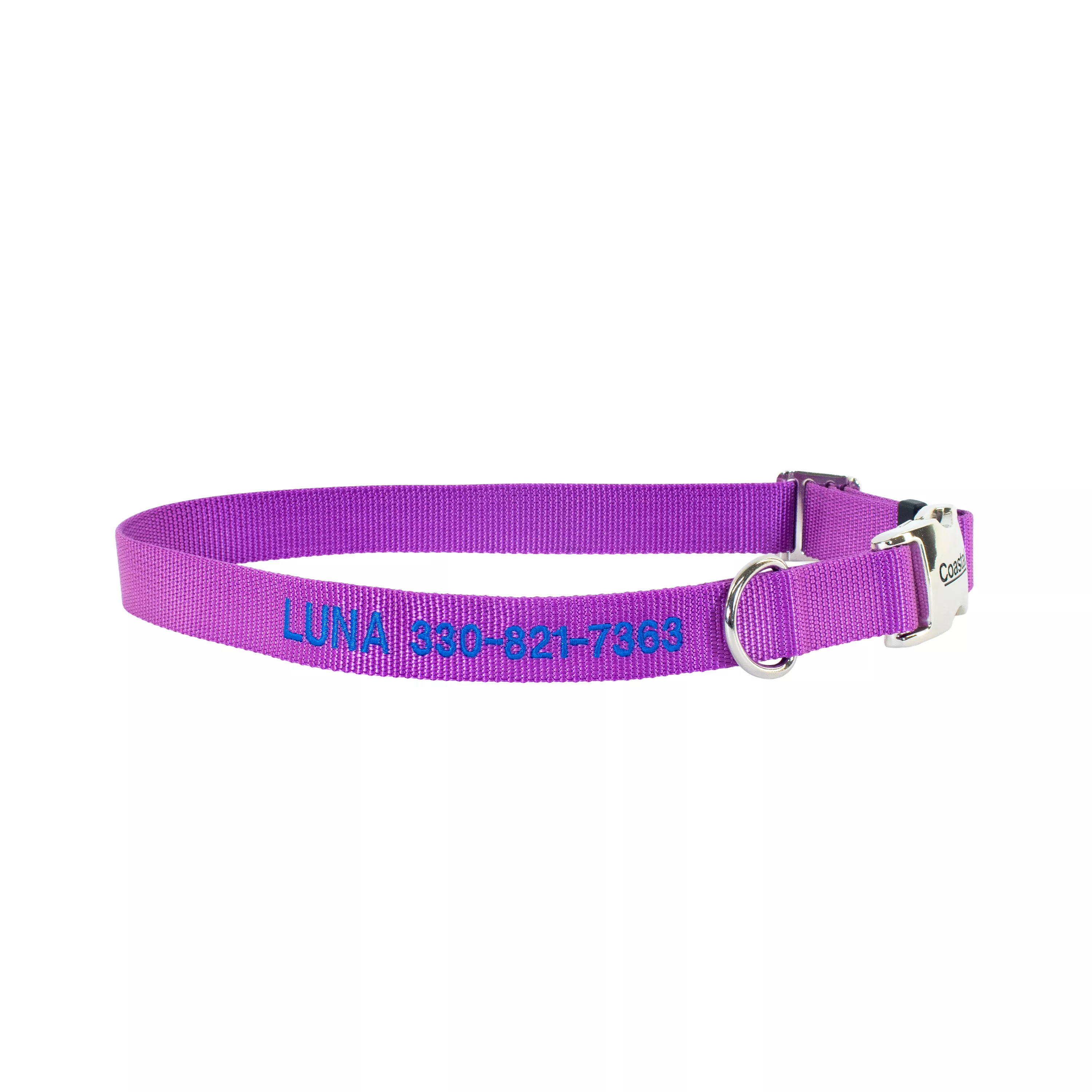 Purple nylon dog collar with blue embroidered personalization reading “LUNA 330-821-7363,” featuring a metal D-ring and buckle.