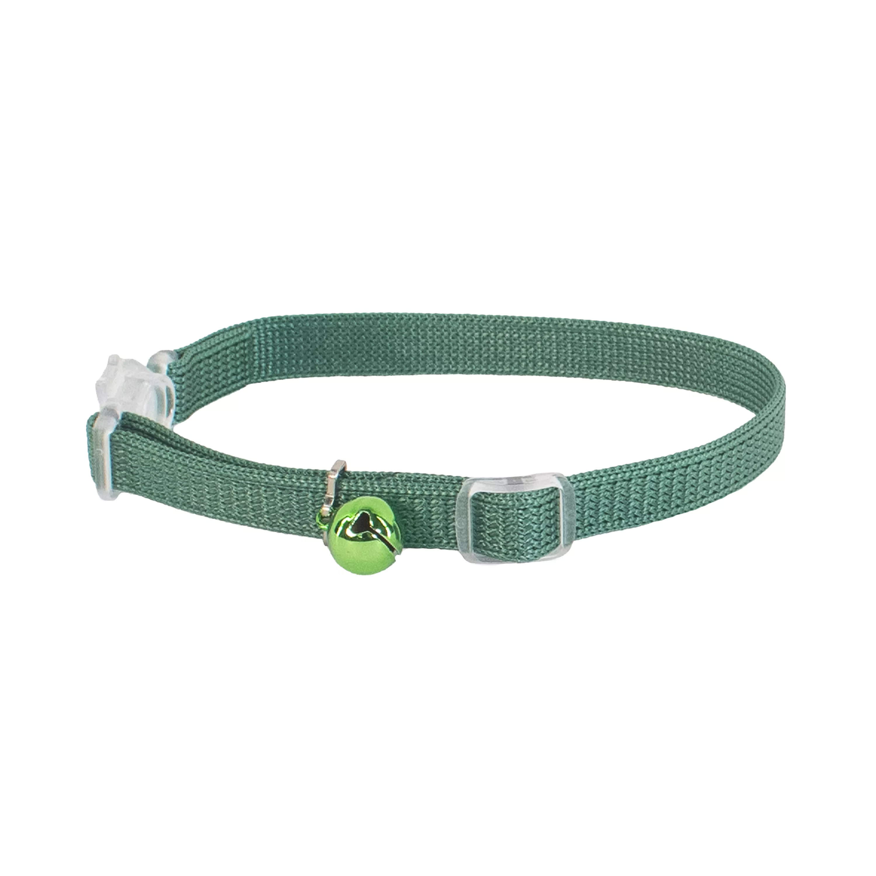 Green cat collar with woven texture, clear plastic breakaway buckle, metal adjustment ring, and a small green bell partially visible, placed on a white background.