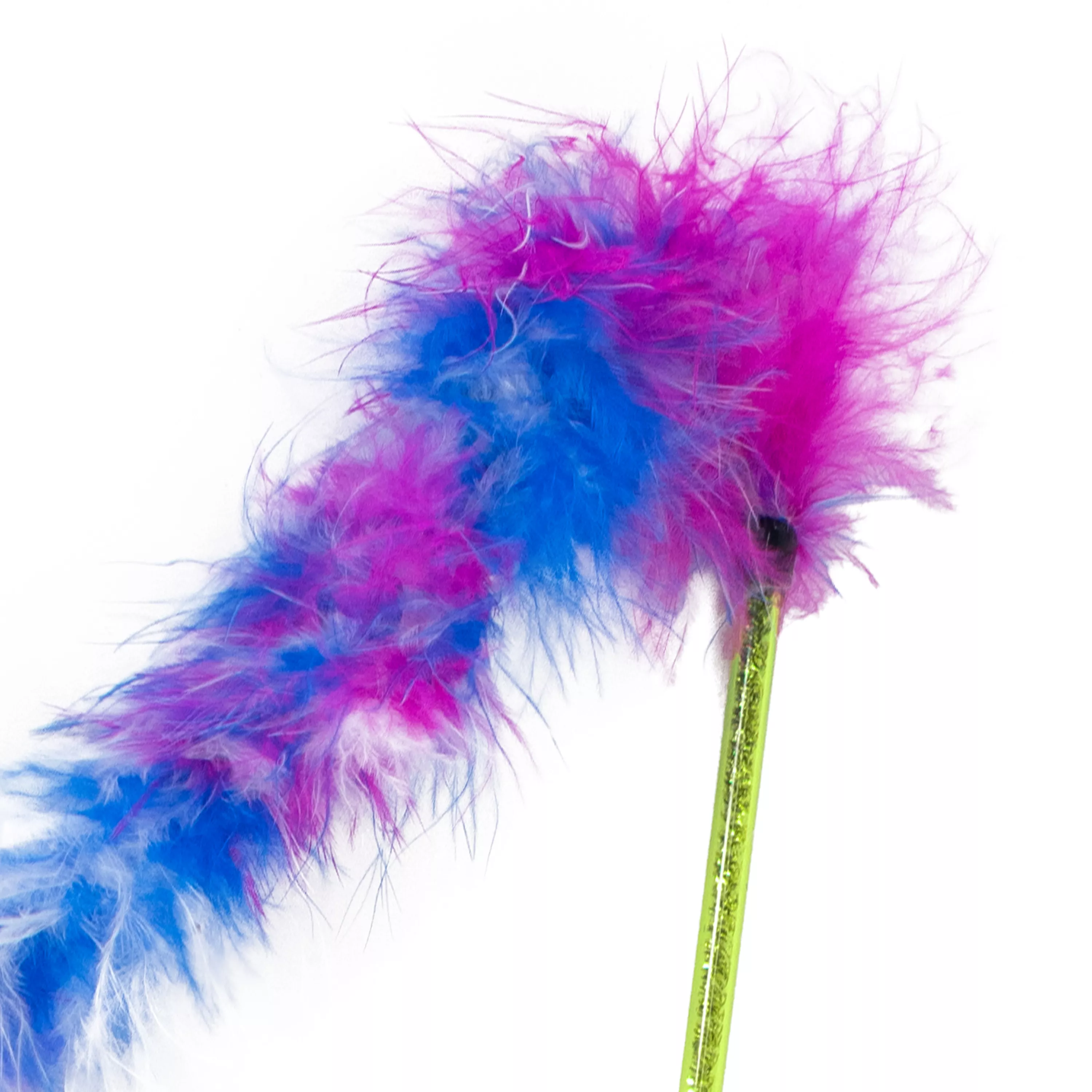 Close-up view of soft, multicolored feathers on a cat teaser toy.