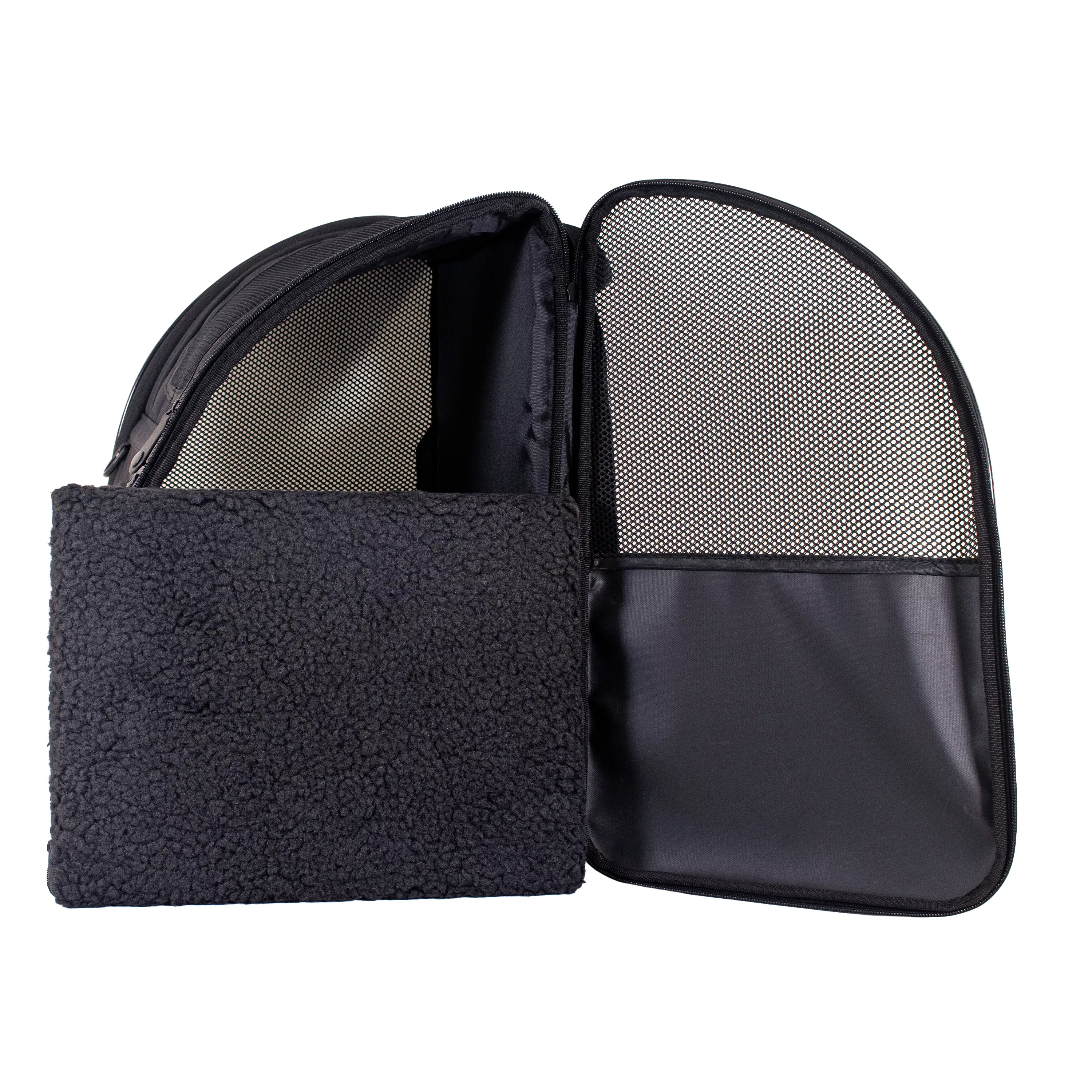 Side view of the dome‑style pet carrier with the removable fleece pad fully removed and placed directly in front of the opening.
