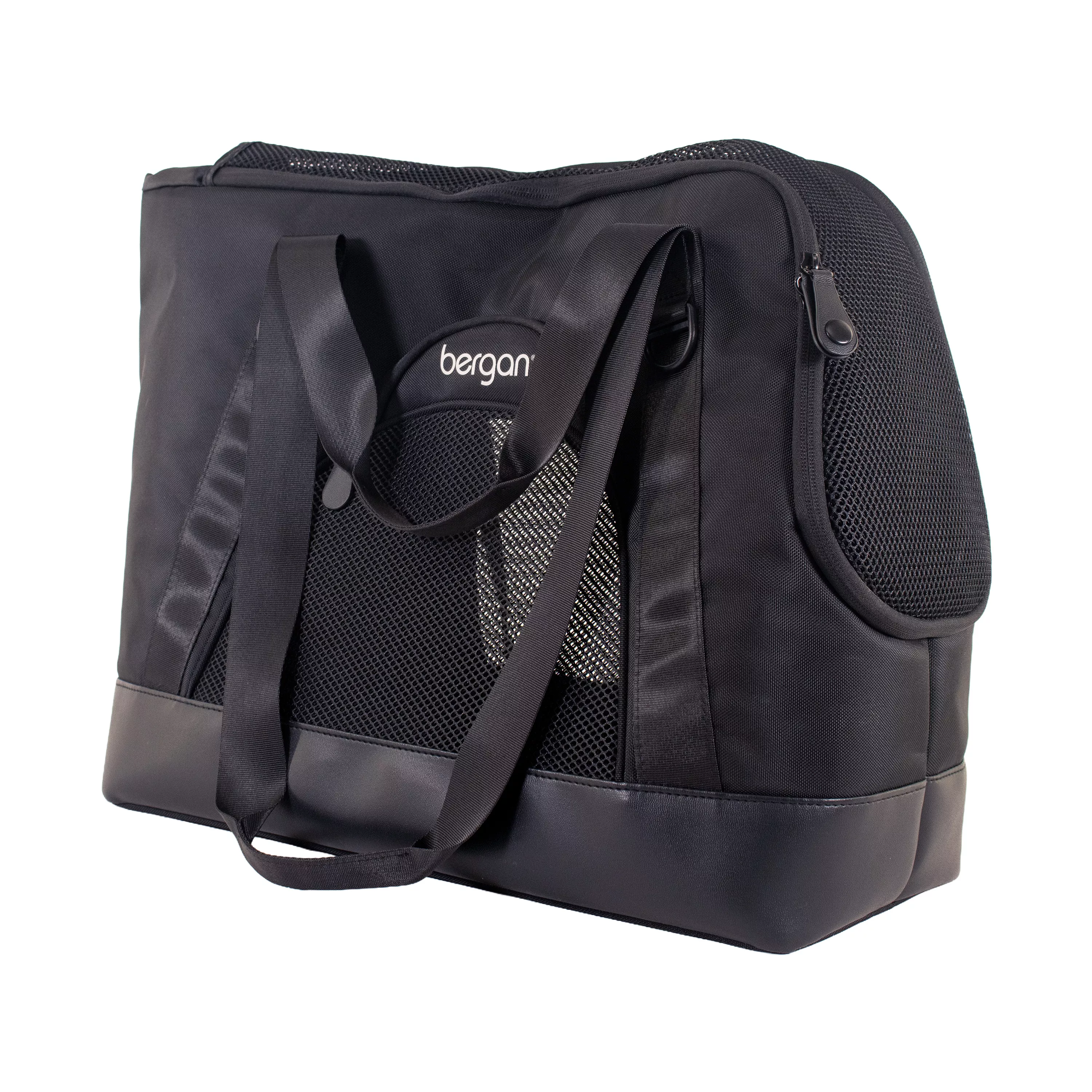 Angled side view of the tote carrier showing mesh ventilation, smooth lower panel, and both shoulder straps resting along the front.
