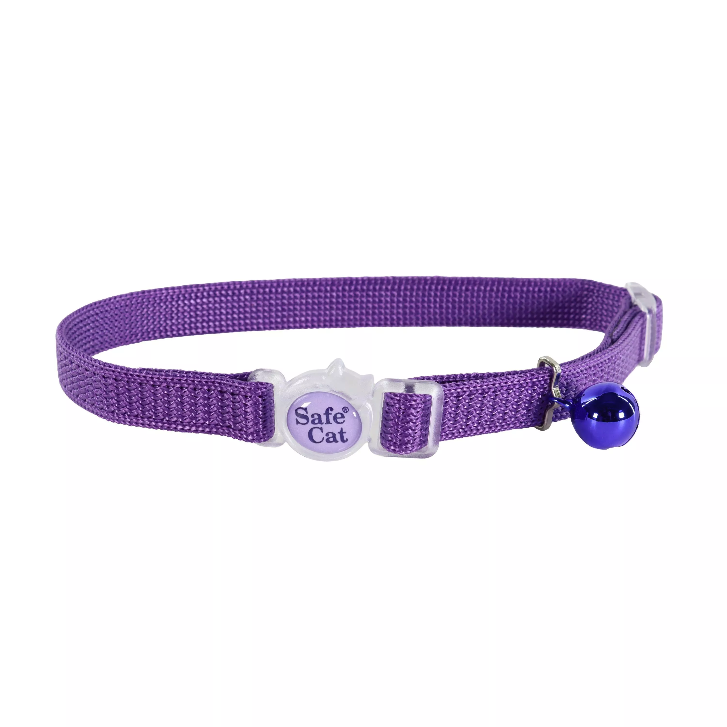 Front of Coastal Safe Cat Breakaway Collar retail packaging with a purple collar attached vertically, featuring a bell and clear plastic buckle, and a photo of a person holding a cat on the lower half, on a white background.