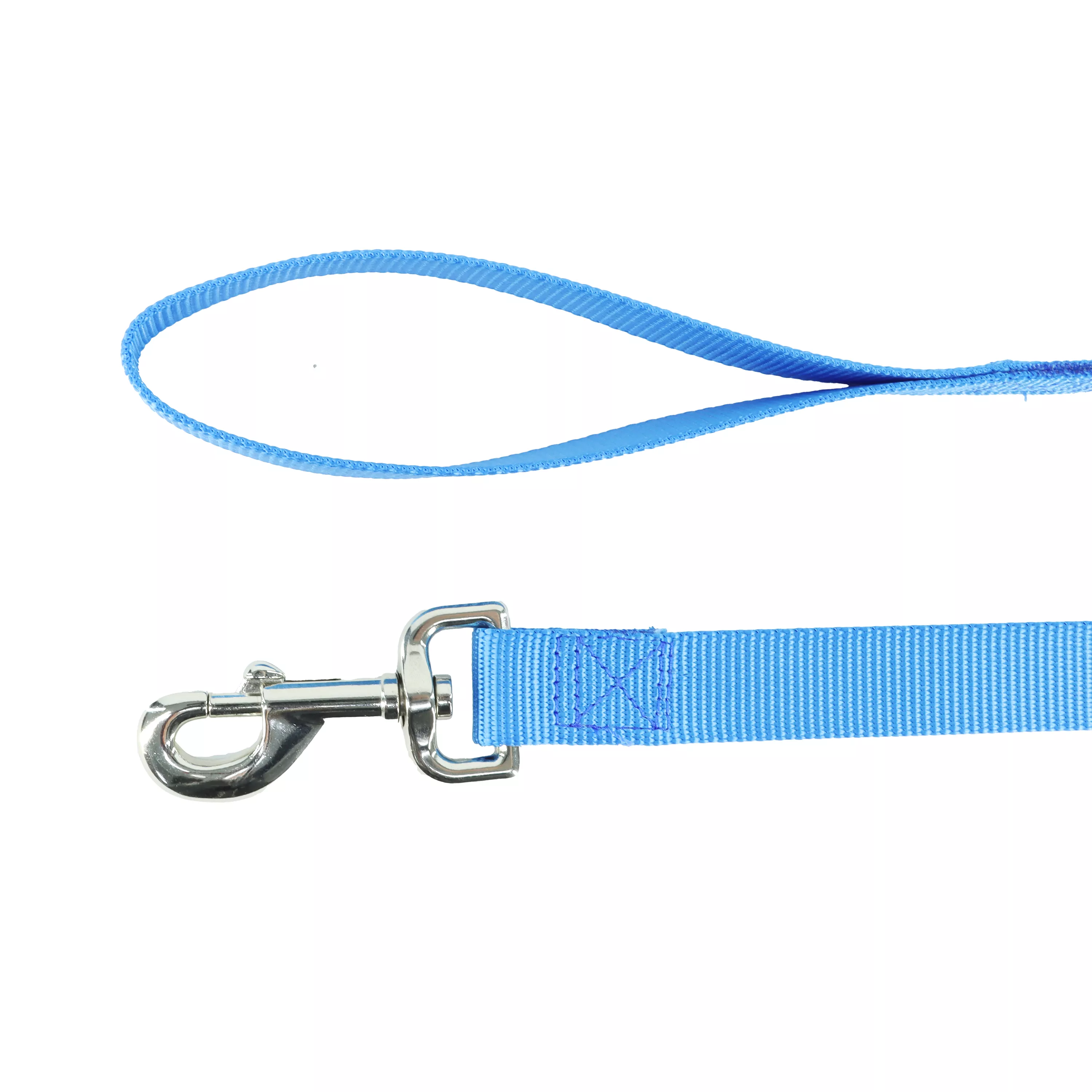 A dog leash handle and snap made of single‑ply woven nylon in a blue‑lagoon color are shown on a white background. The handle is a stitched loop, and a silver‑colored metal snap clip with a swiveling attachment is fixed to the strap’s end.