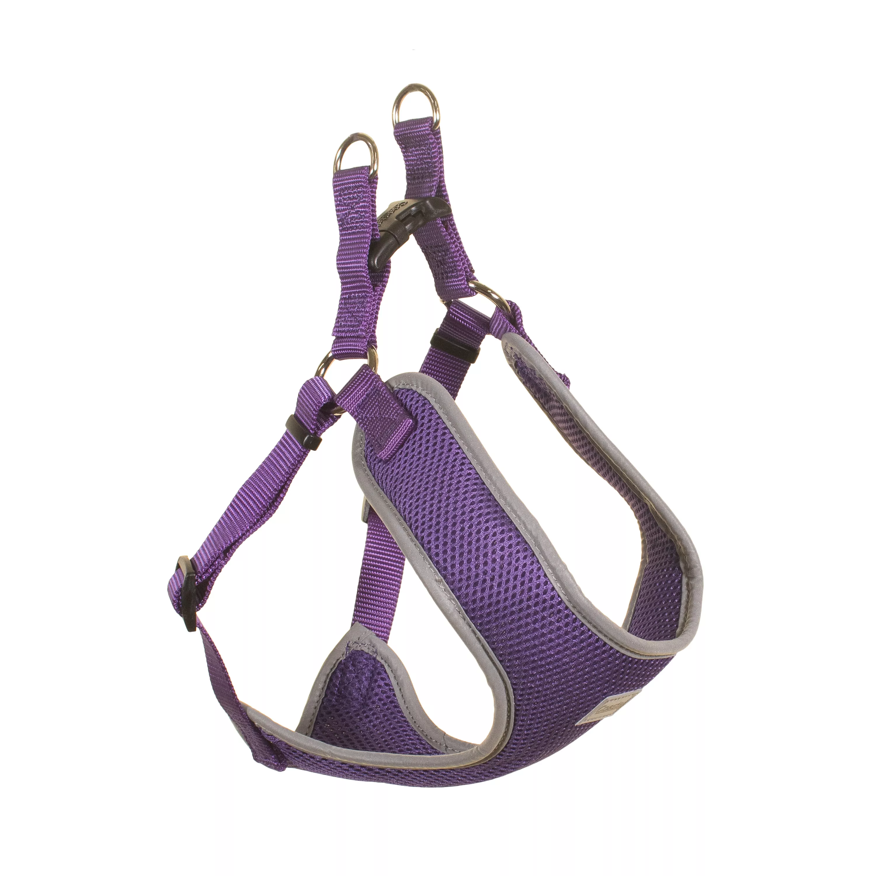 Purple dog harness shown from the side with connected straps, buckles, and reflective light gray edging.