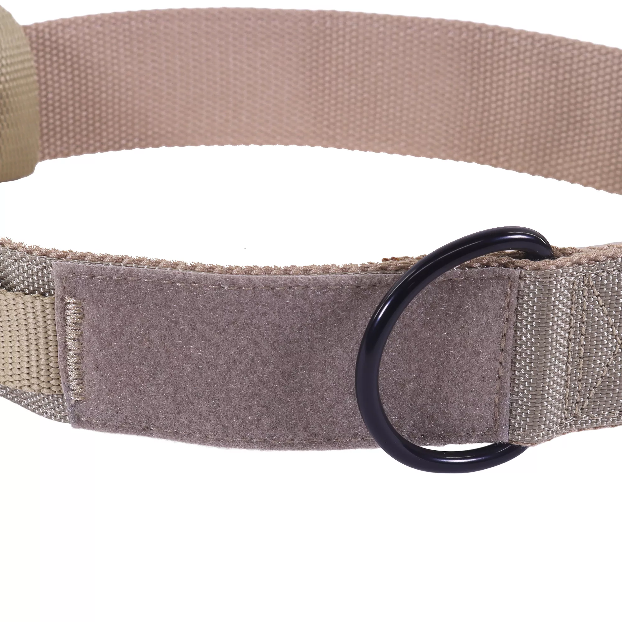 Close‑up of a beige dog collar showing a metal D‑ring attached to the strap.